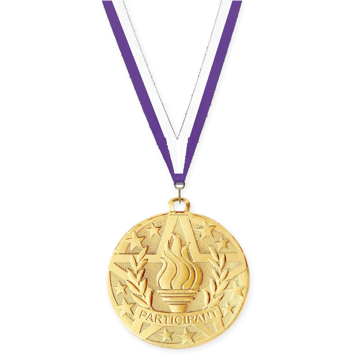 2 inch Participant Superstar medal in gold with Purple White neck ribbon