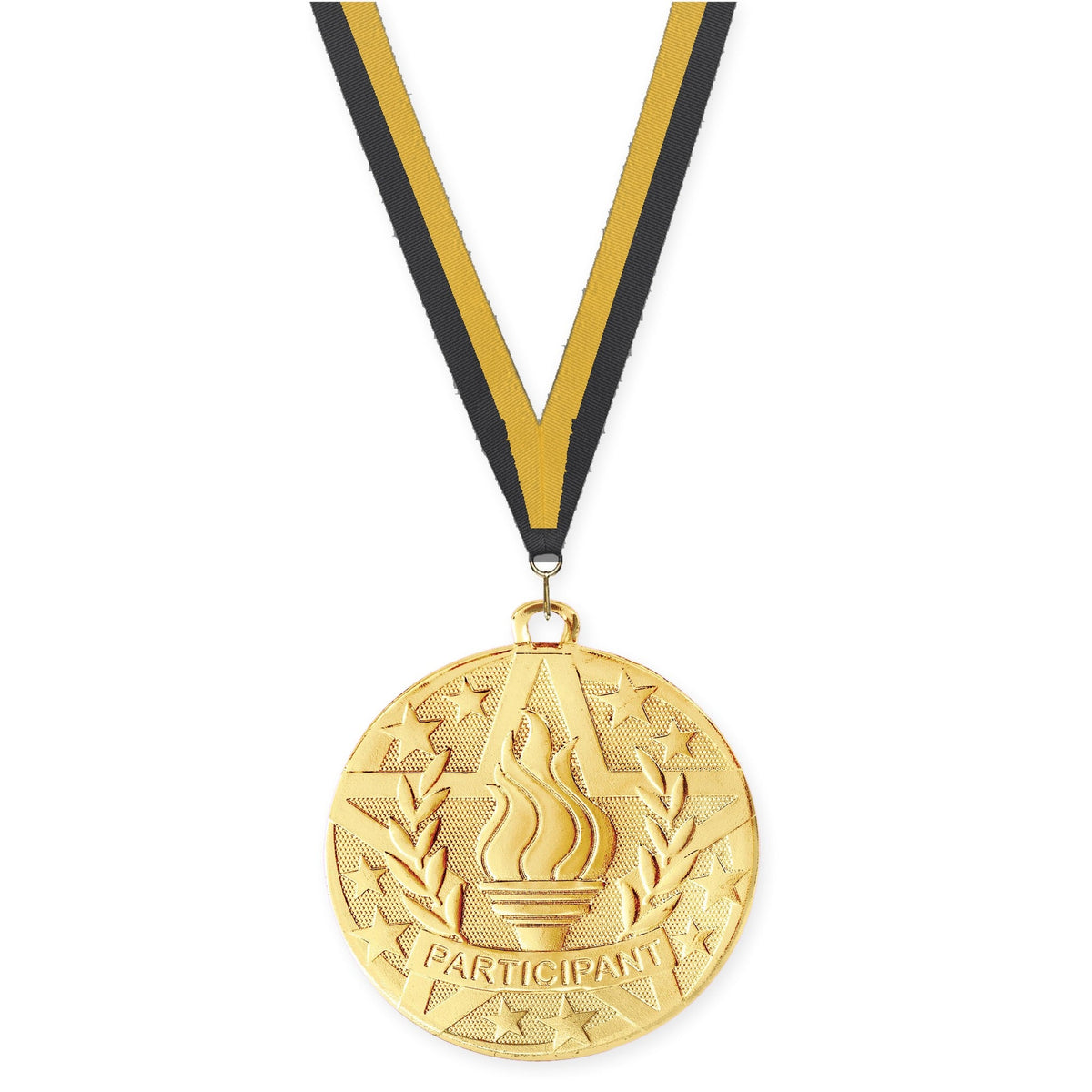 2 inch Participant Superstar medal in gold with Black Gold neck ribbon