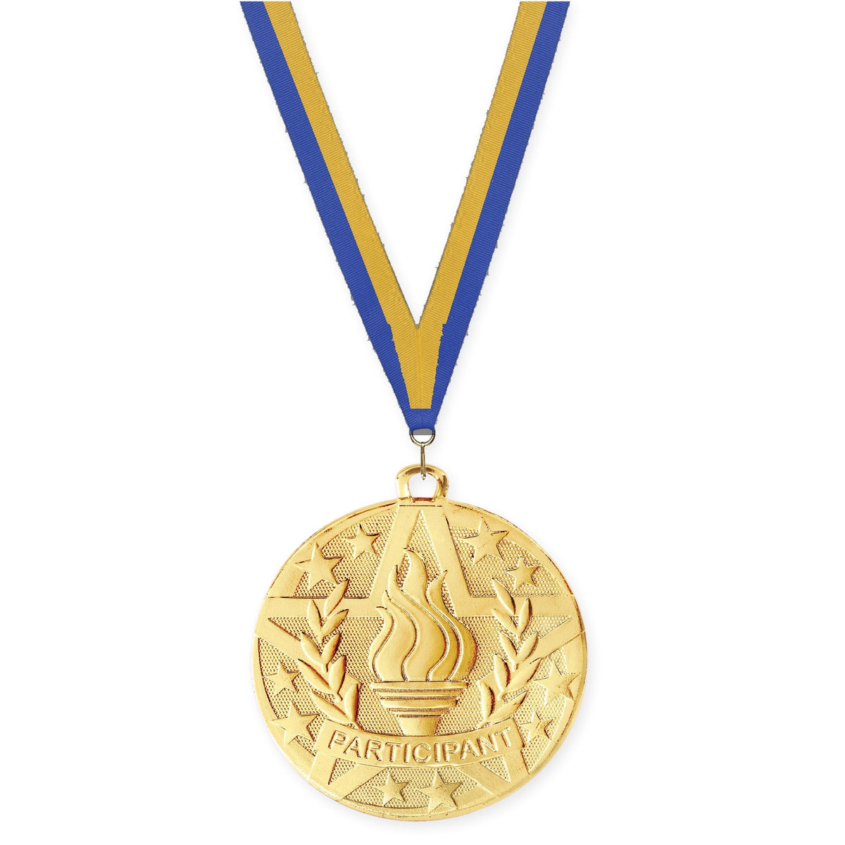2 inch Participant Superstar medal in gold with Blue Gold neck ribbon