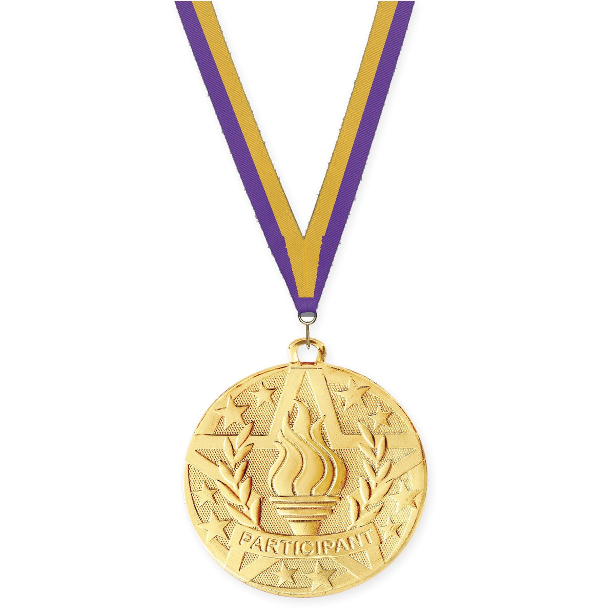 2 inch Participant Superstar medal in gold with Purple Gold neck ribbon