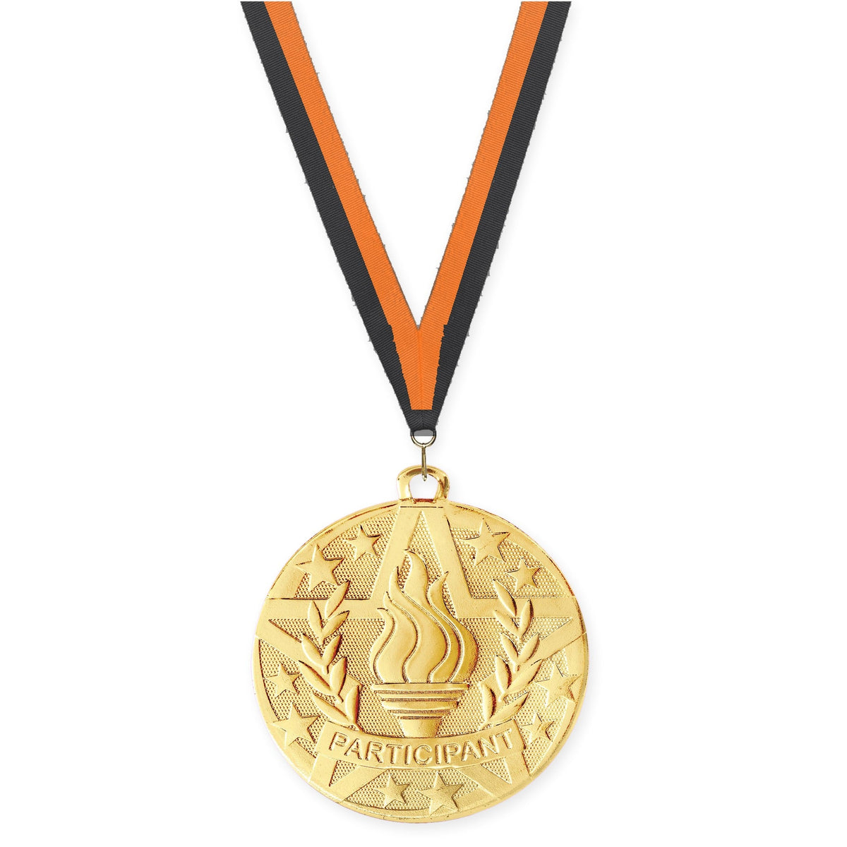 2 inch Participant Superstar medal in gold with Black Orange neck ribbon