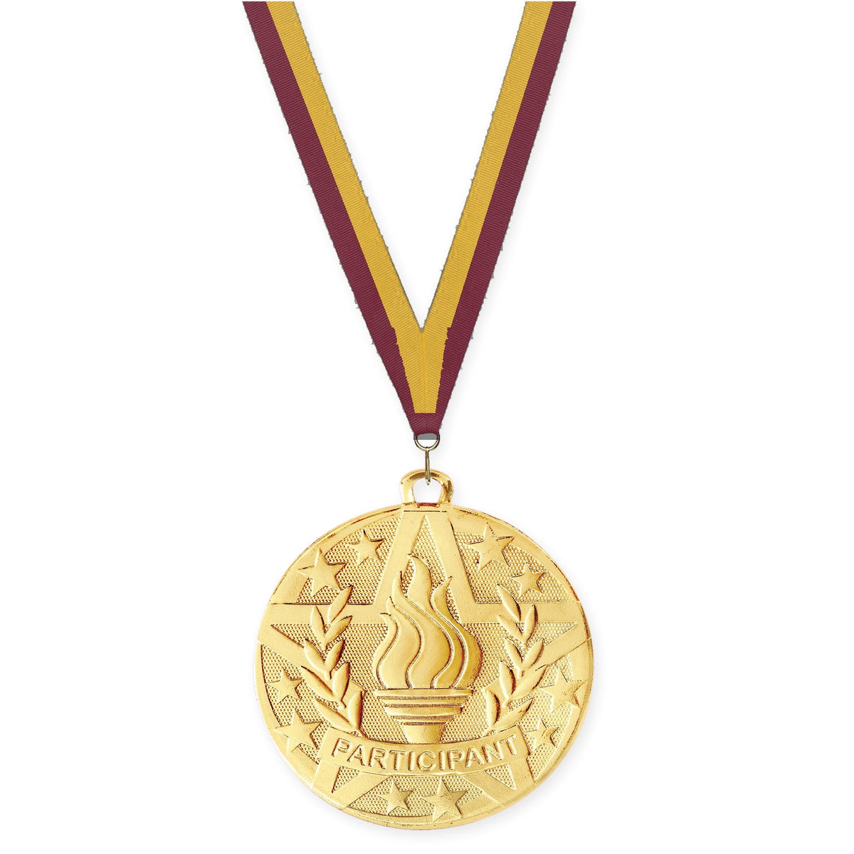 2 inch Participant Superstar medal in gold with Maroon Gold neck ribbon