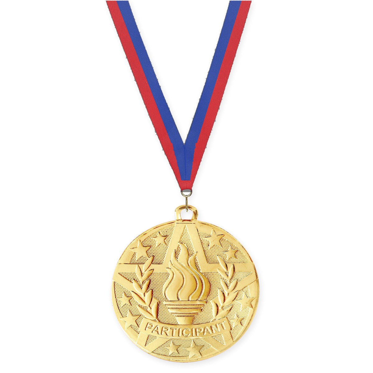 2 inch Participant Superstar medal in gold with Blue Red neck ribbon