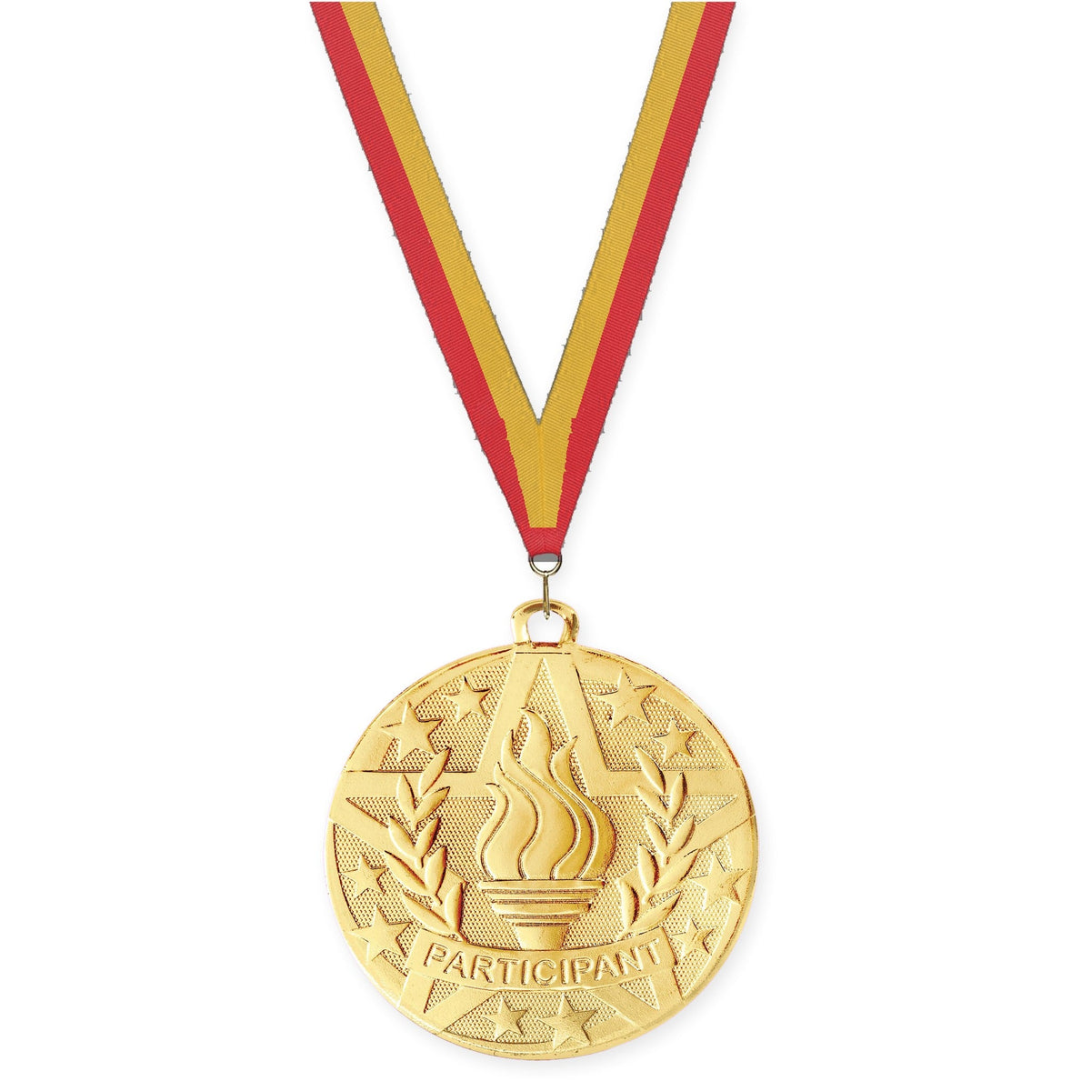 2 inch Participant Superstar medal in gold with Red Gold neck ribbon