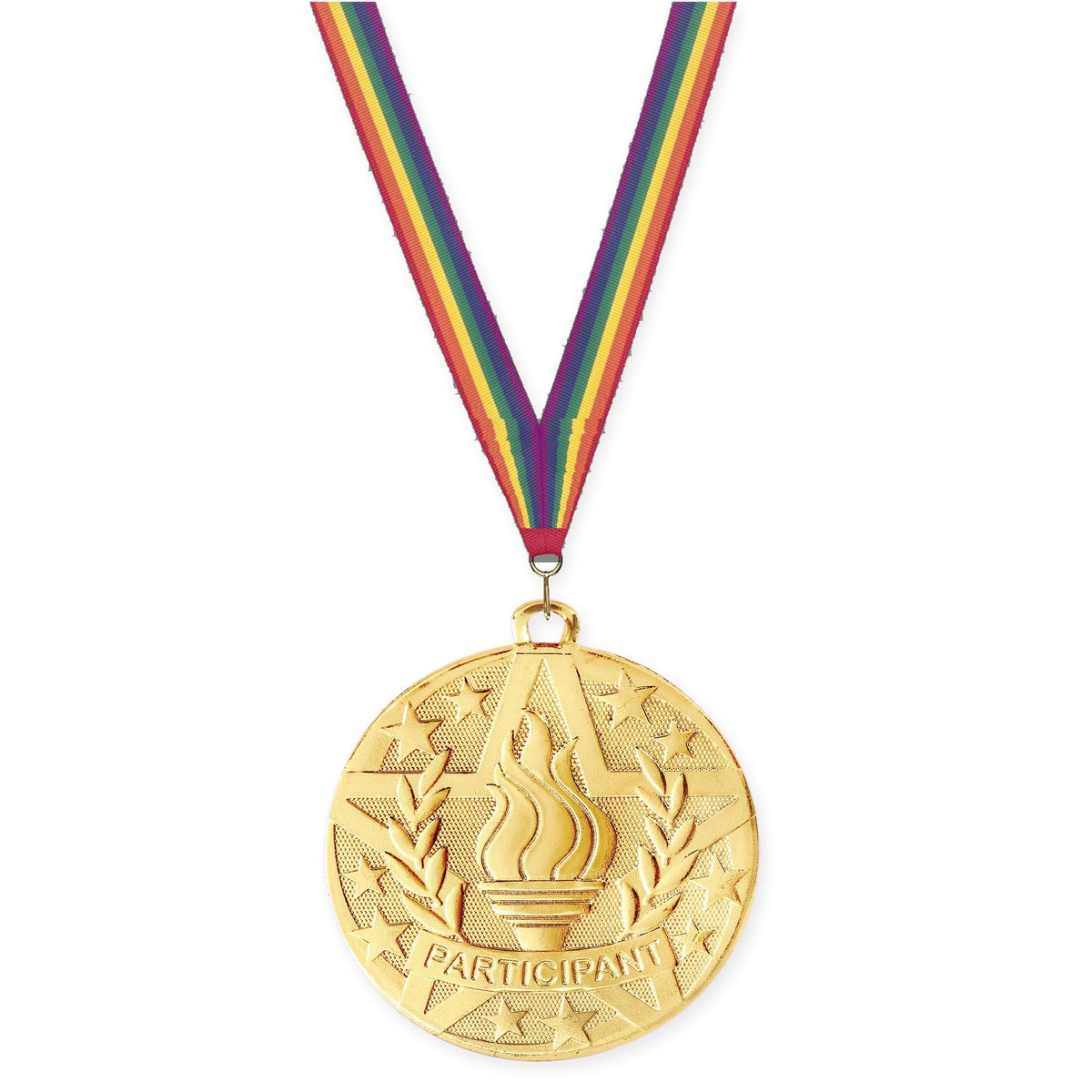2 inch Participant Superstar medal in gold with Rainbow neck ribbon