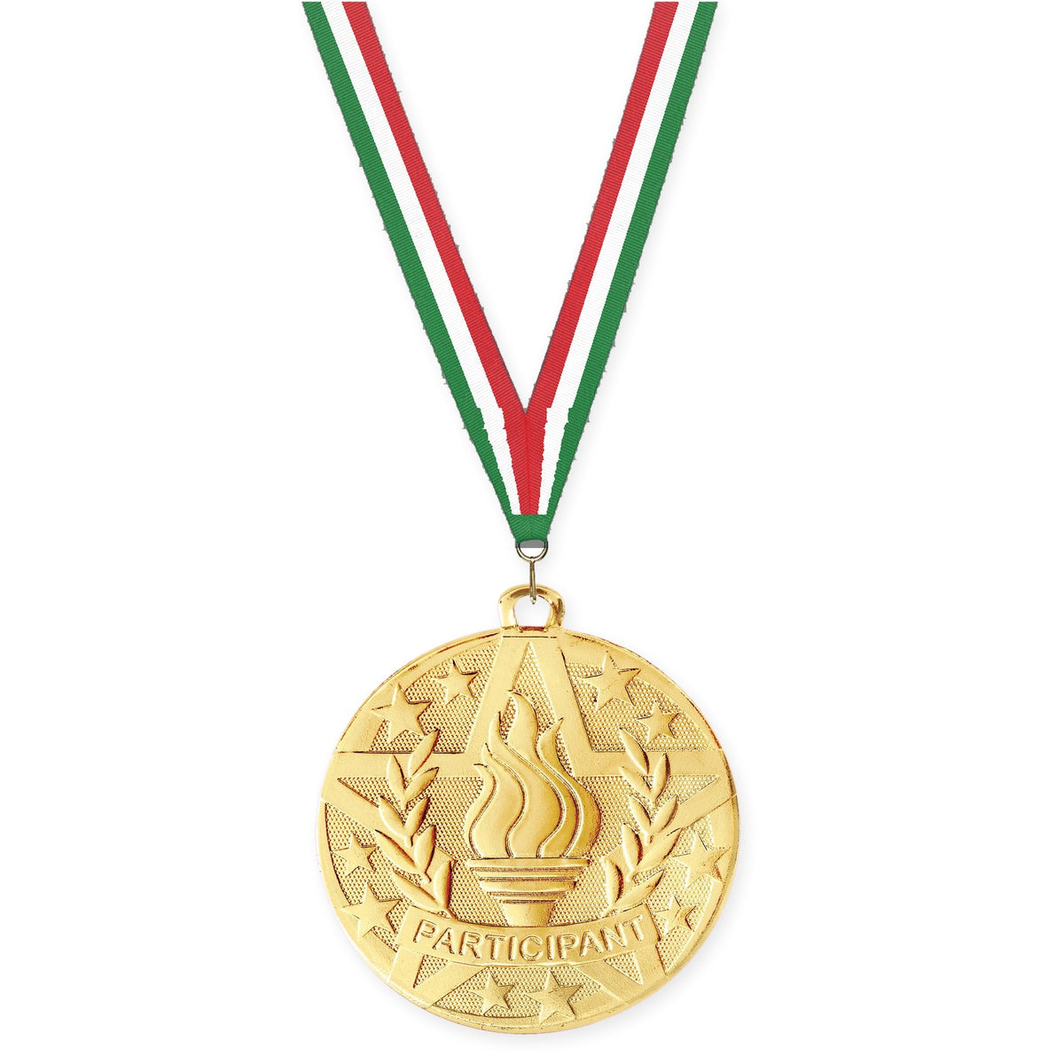 2 inch Participant Superstar medal in gold with Green White Red neck ribbon