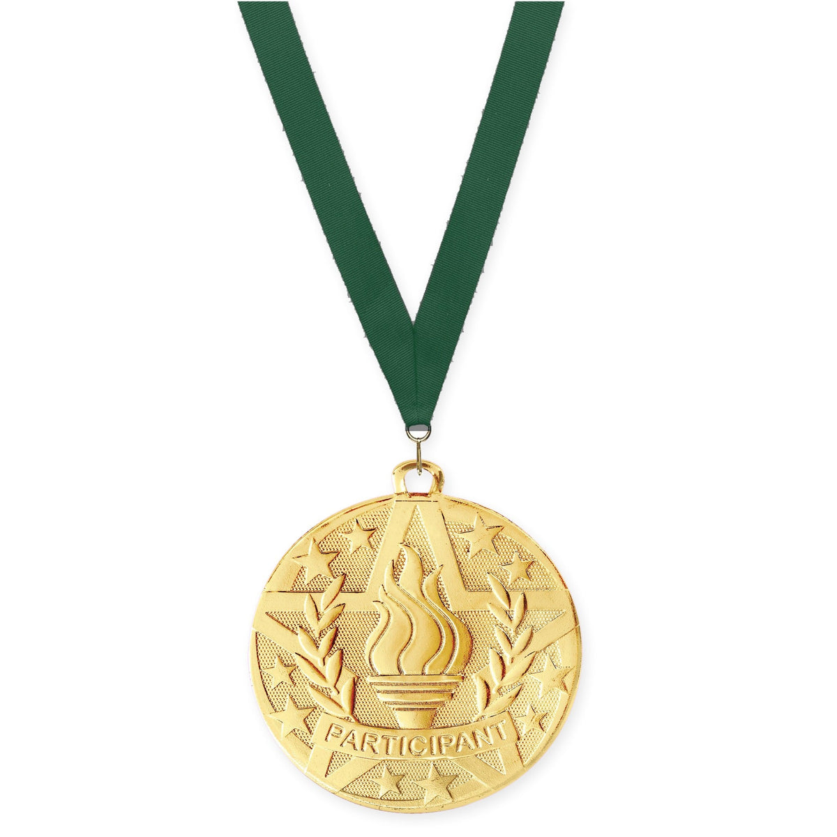 2 inch Participant Superstar medal in gold with Hunter Green neck ribbon