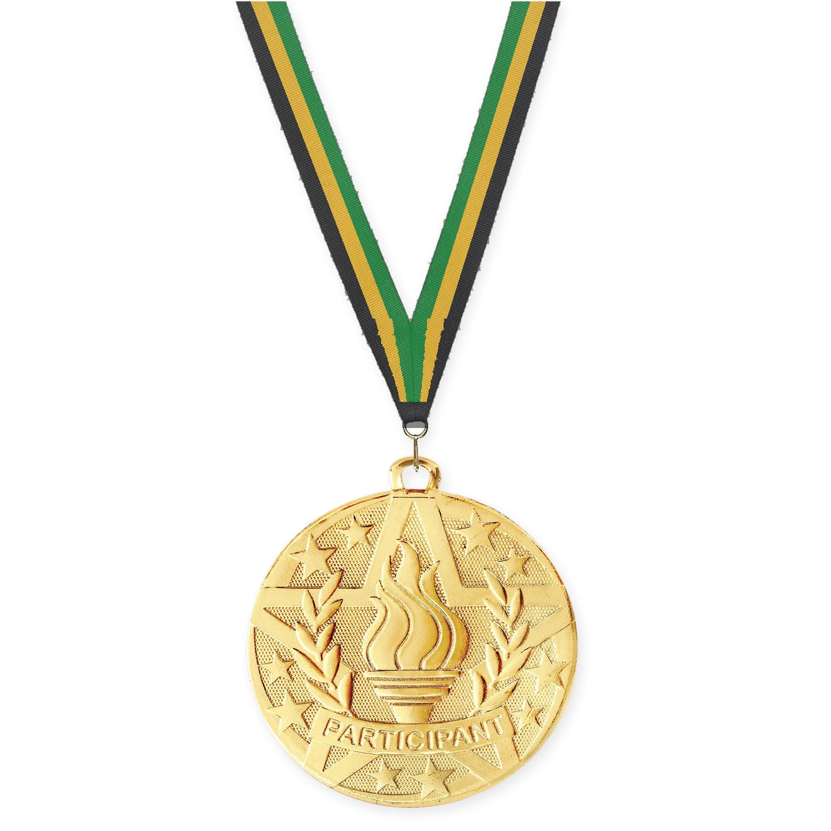 2 inch Participant Superstar medal in gold with Black Gold Green neck ribbon