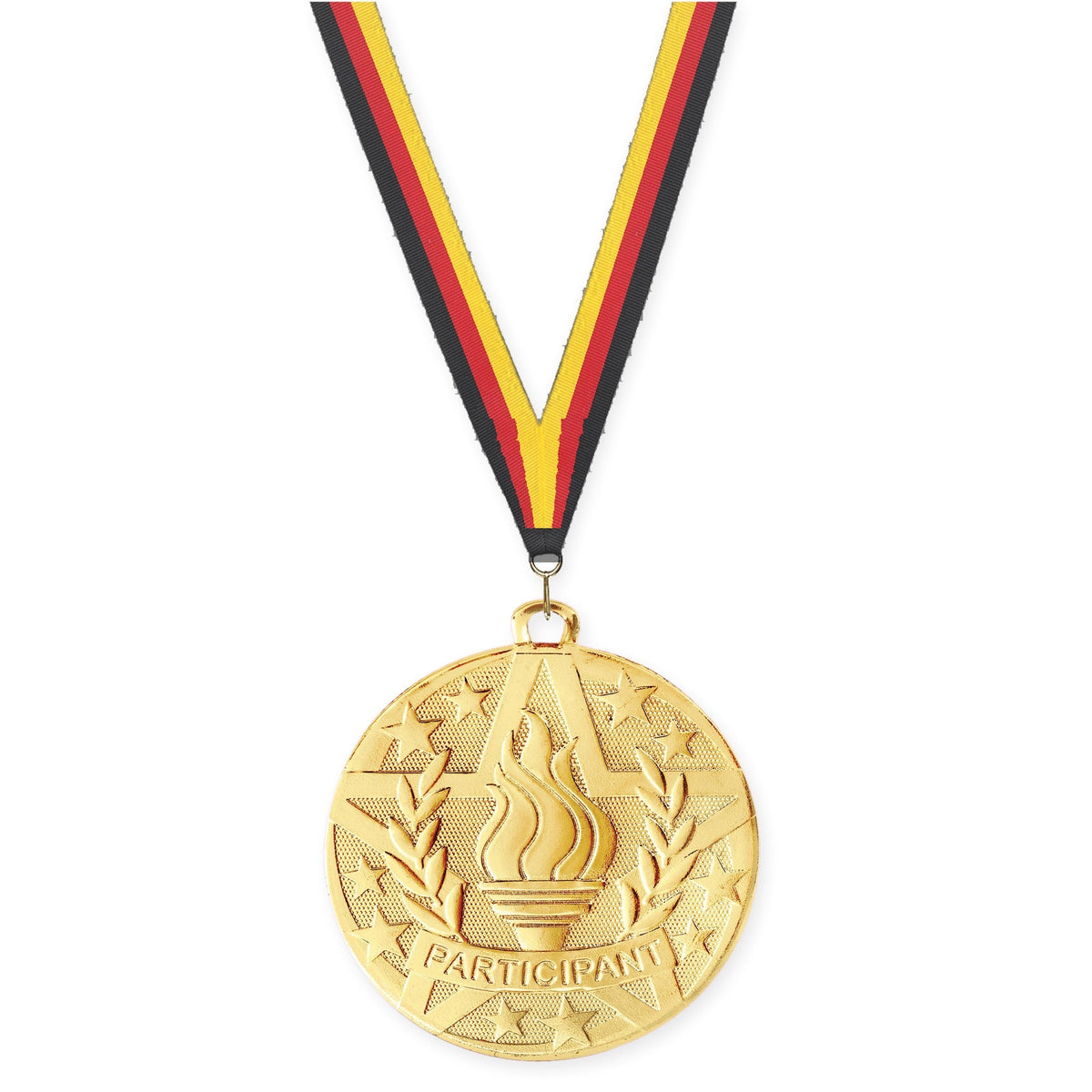2 inch Participant Superstar medal in gold with Black Red Yellow neck ribbon