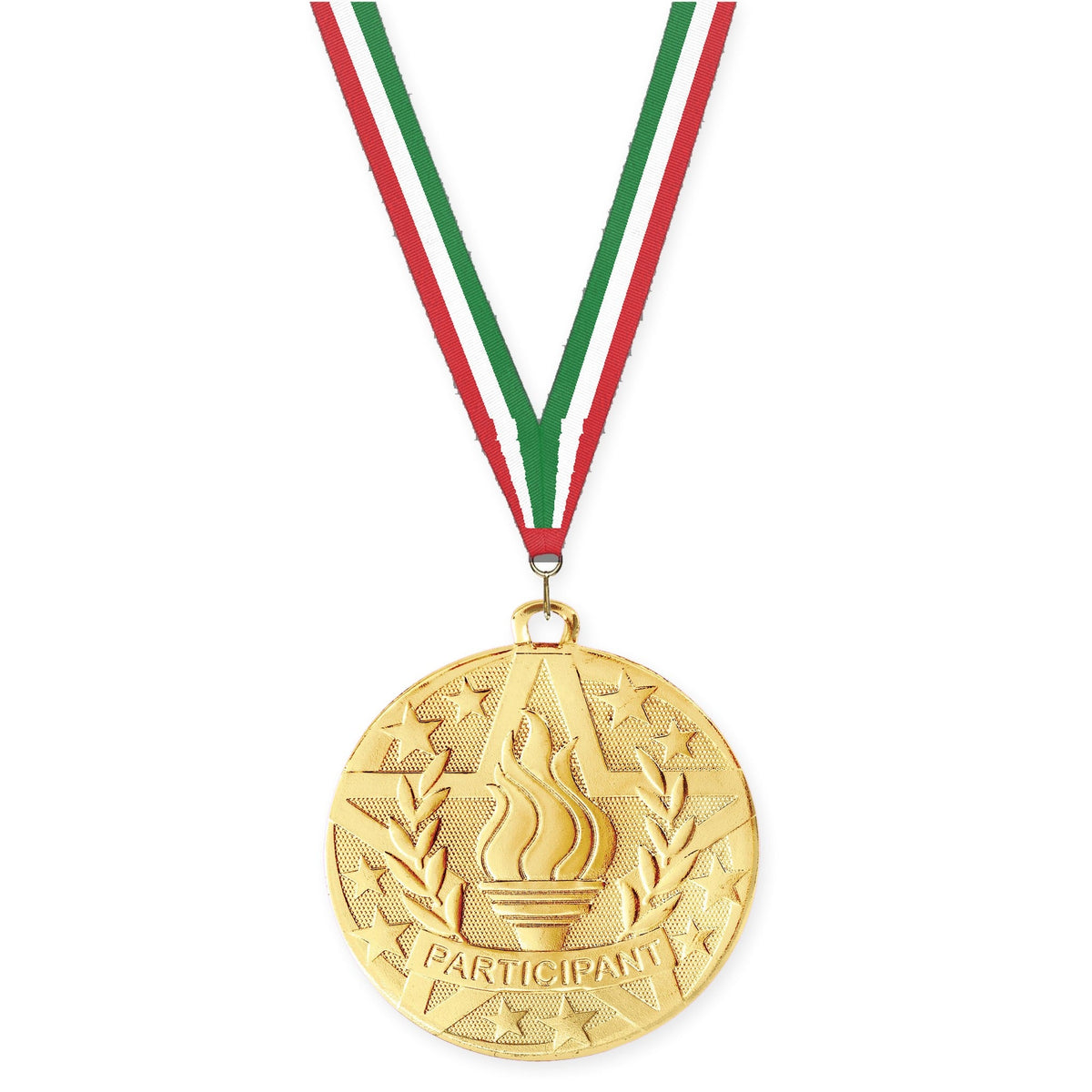 2 inch Participant Superstar medal in gold with Red White Green neck ribbon