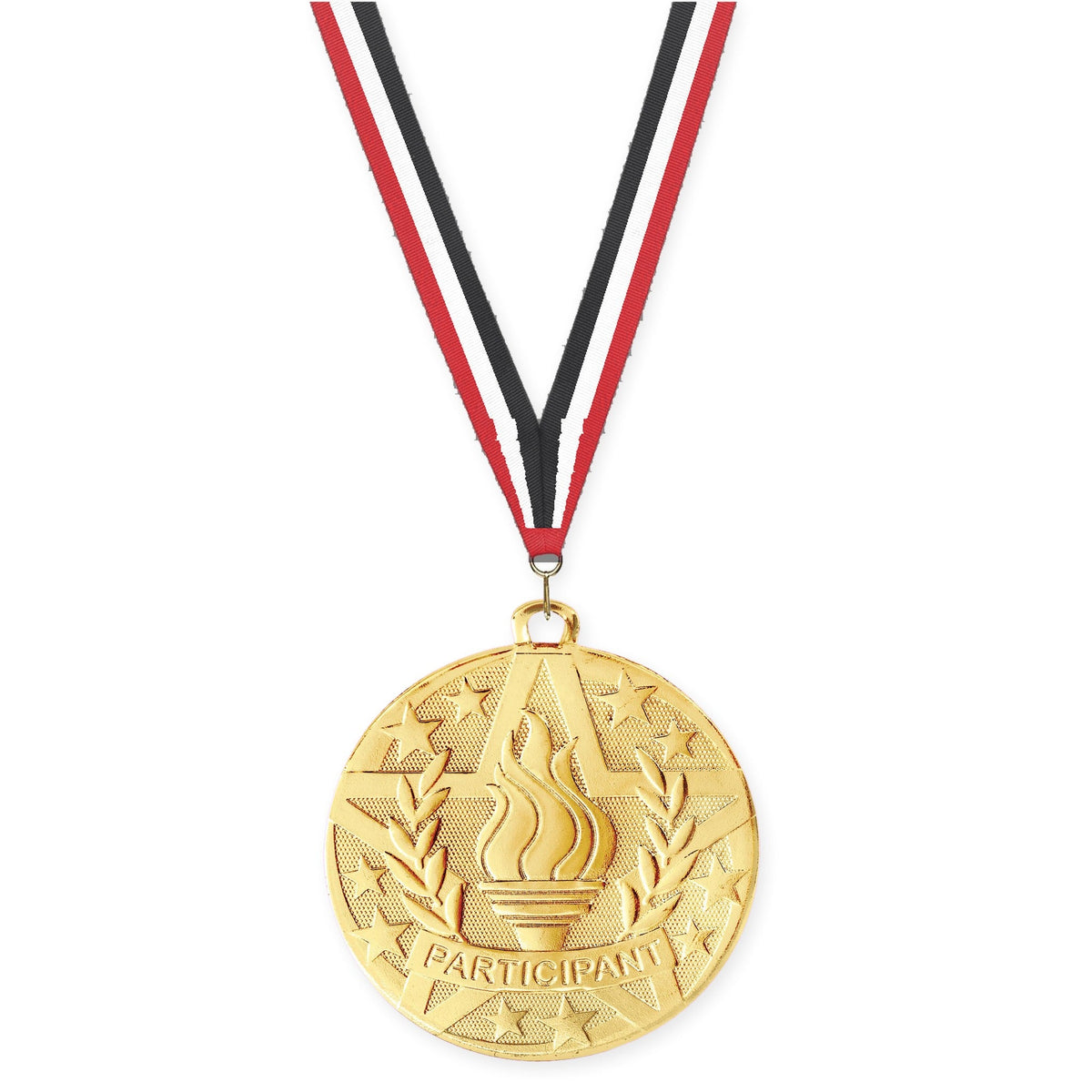 2 inch Participant Superstar medal in gold with Red White Black neck ribbon