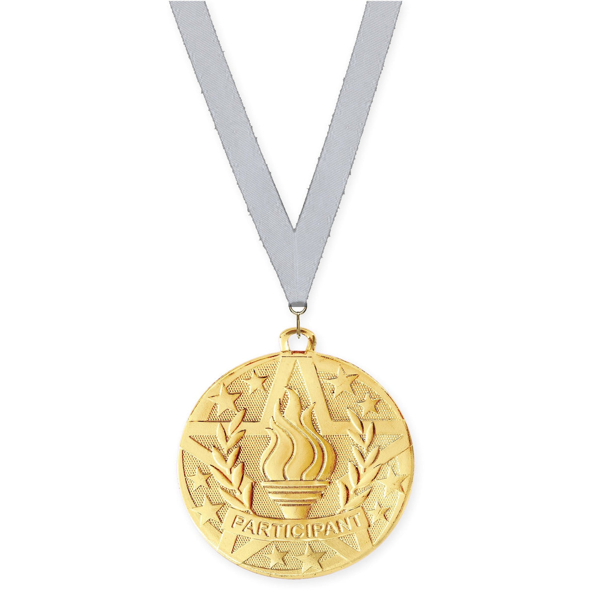 2 inch Participant Superstar medal in gold with Silver Metallic neck ribbon