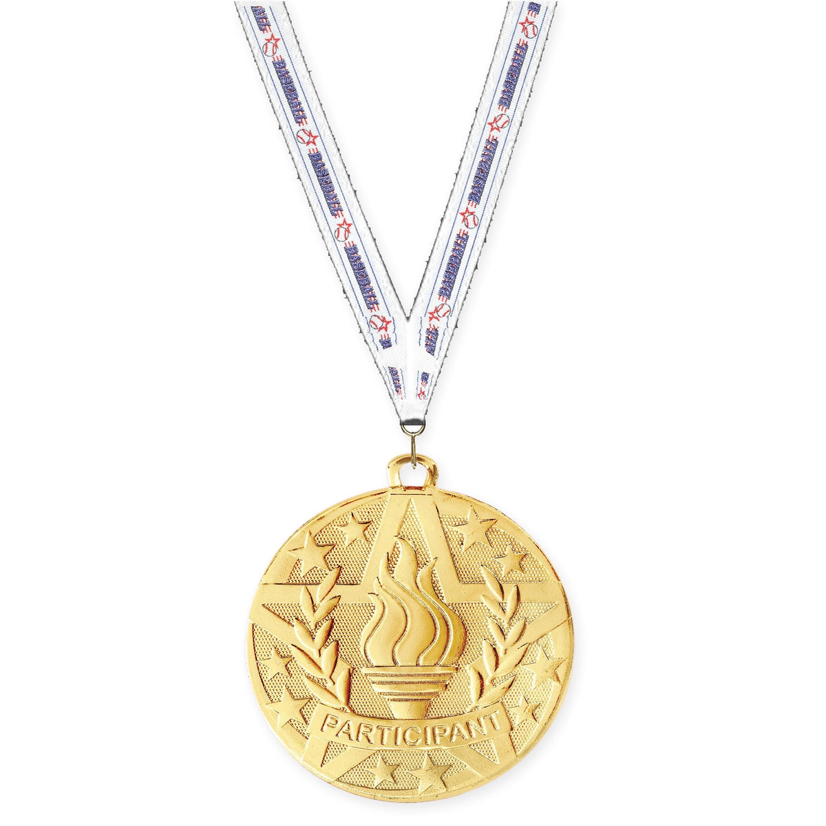 2 inch Participant Superstar medal in gold with Baseball neck ribbon