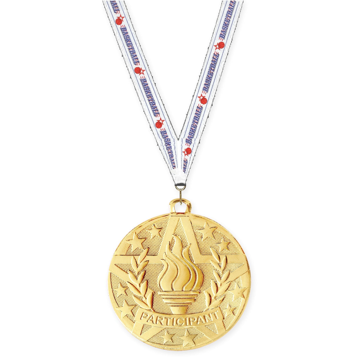2 inch Participant Superstar medal in gold with Basketball neck ribbon