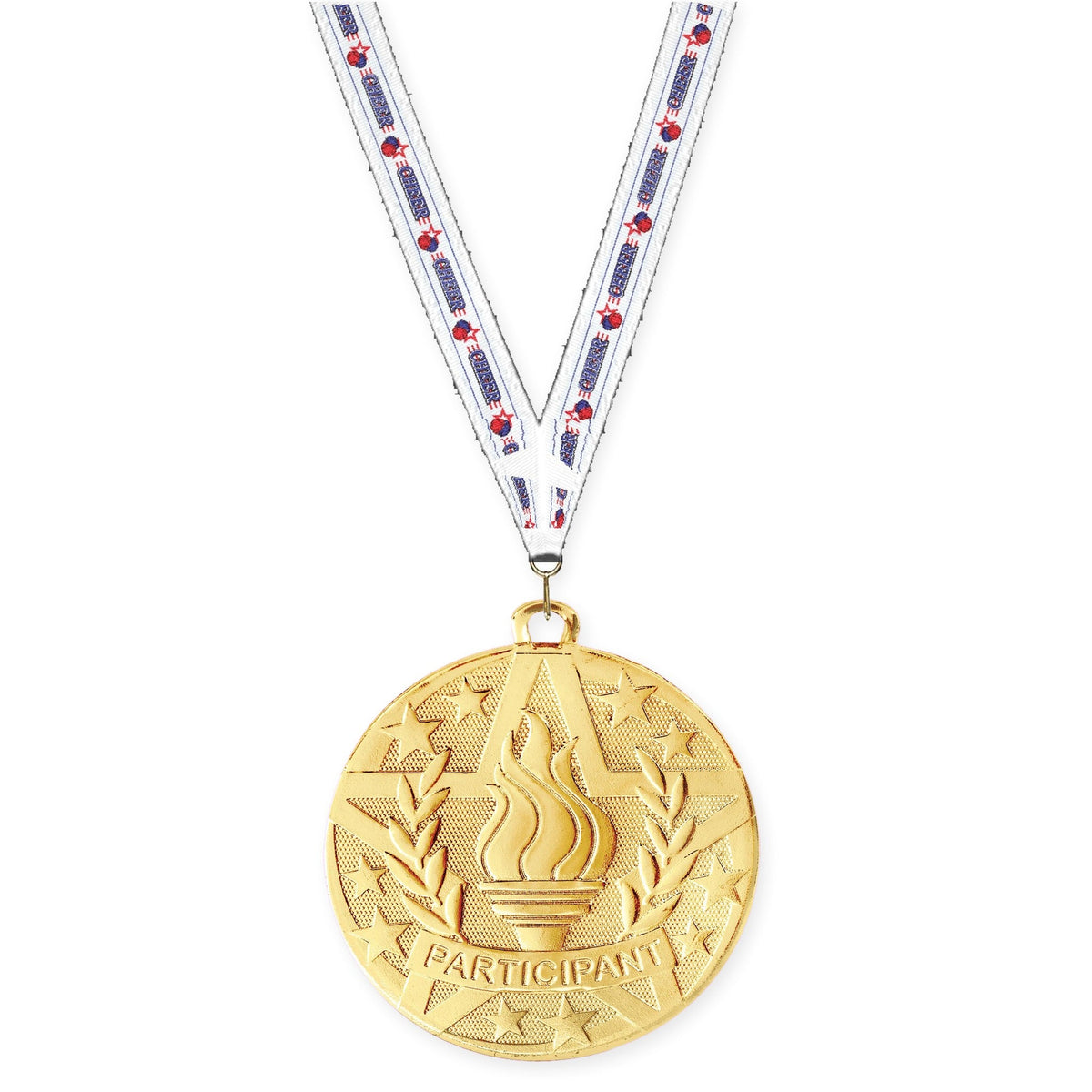 2 inch Participant Superstar medal in gold with Cheerleading neck ribbon