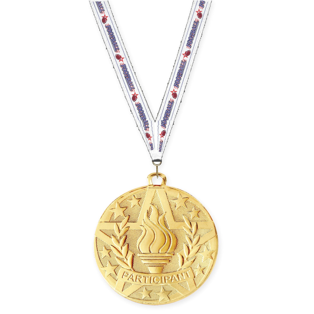 2 inch Participant Superstar medal in gold with Football neck ribbon