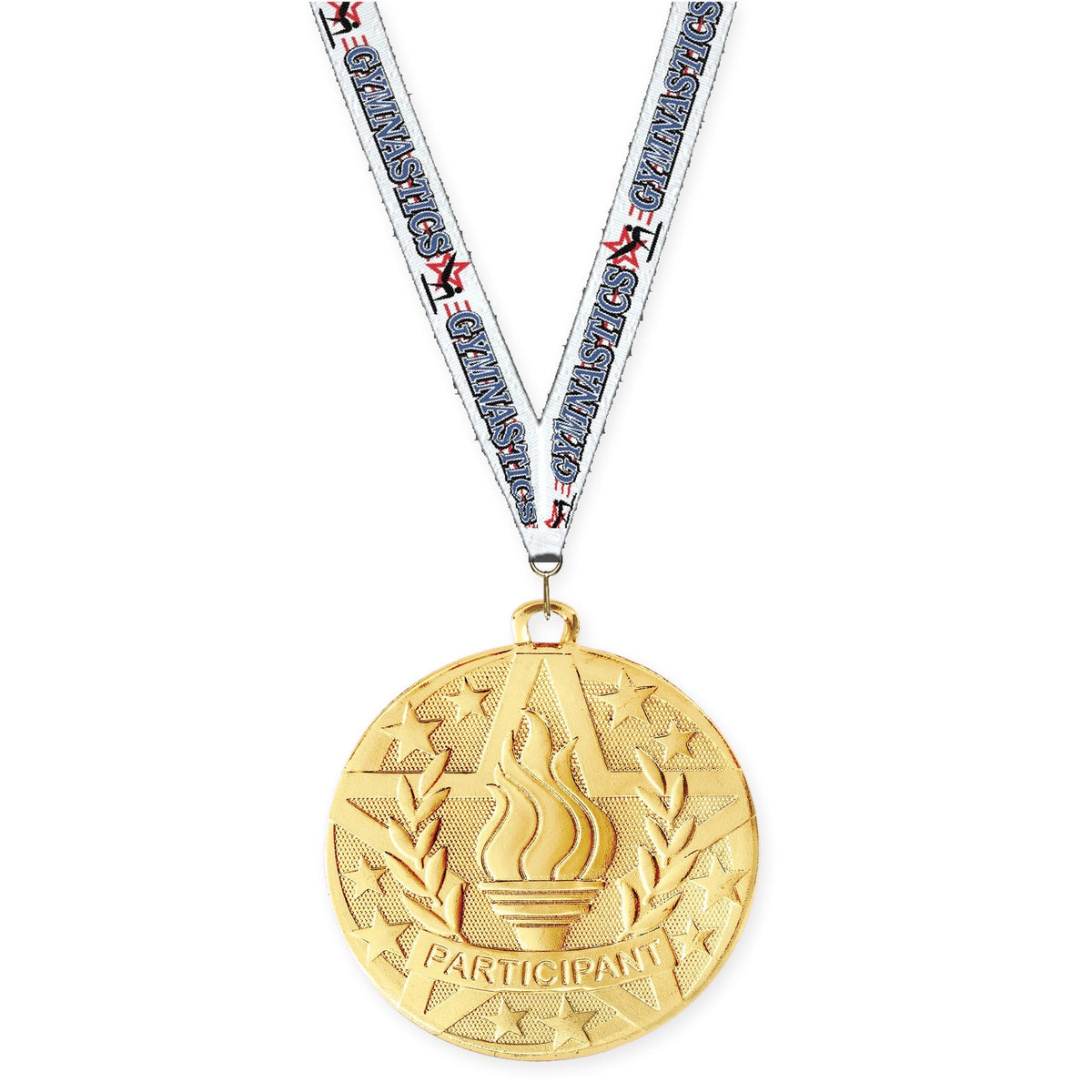 2 inch Participant Superstar medal in gold with Gymnastics neck ribbon