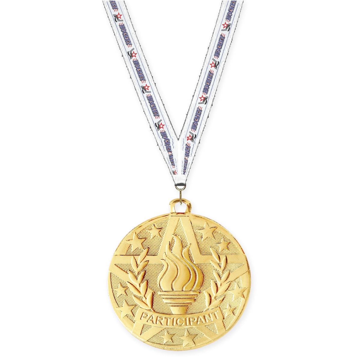 2 inch Participant Superstar medal in gold with Hockey neck ribbon