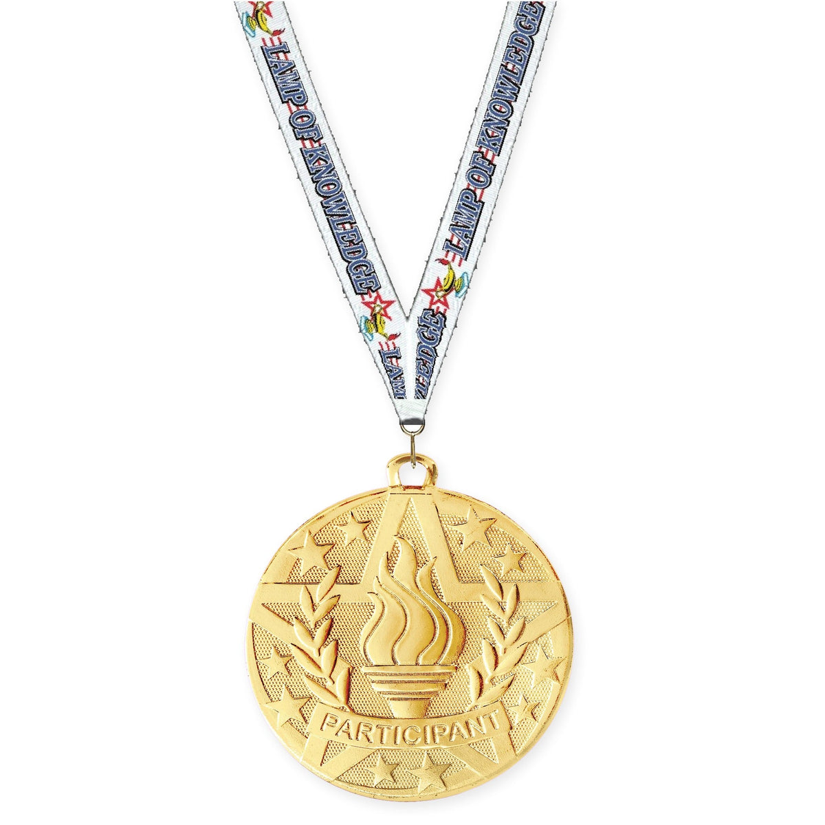 2 inch Participant Superstar medal in gold with Lamp Of Knowledge neck ribbon