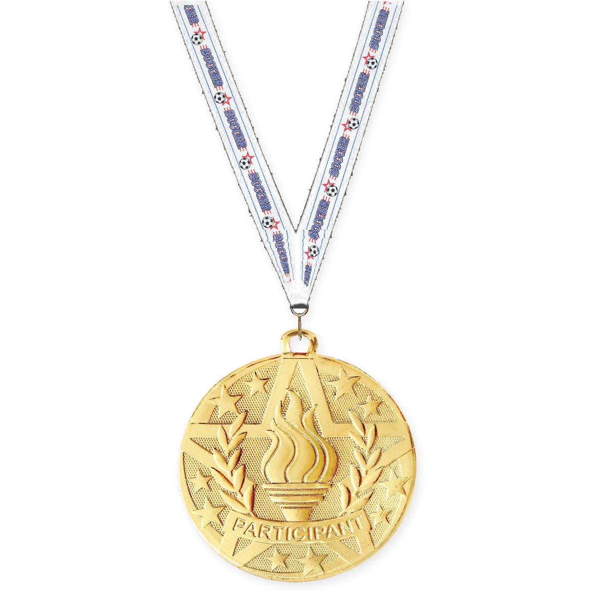 2 inch Participant Superstar medal in gold with Soccer neck ribbon