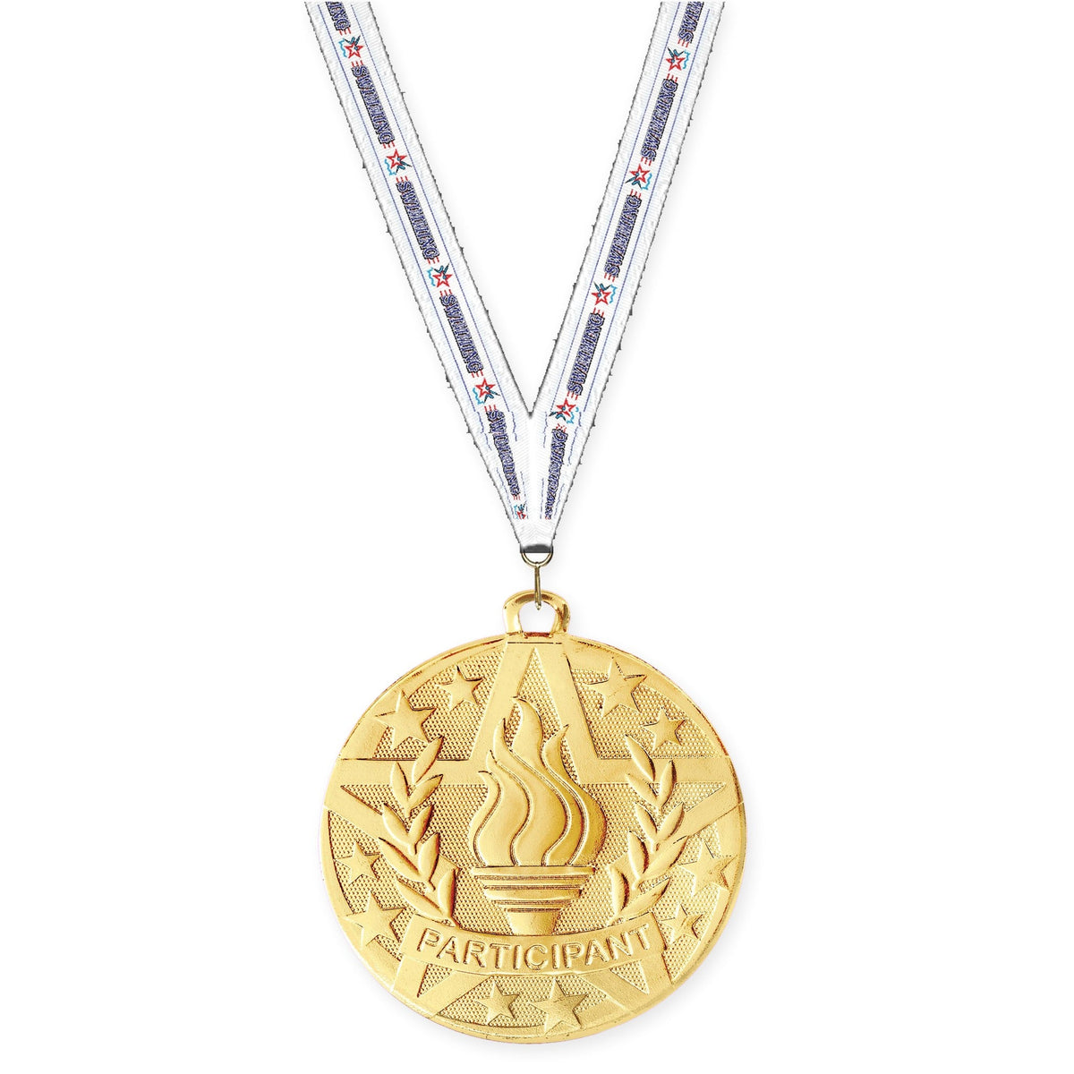 2 inch Participant Superstar medal in gold with Swimming neck ribbon