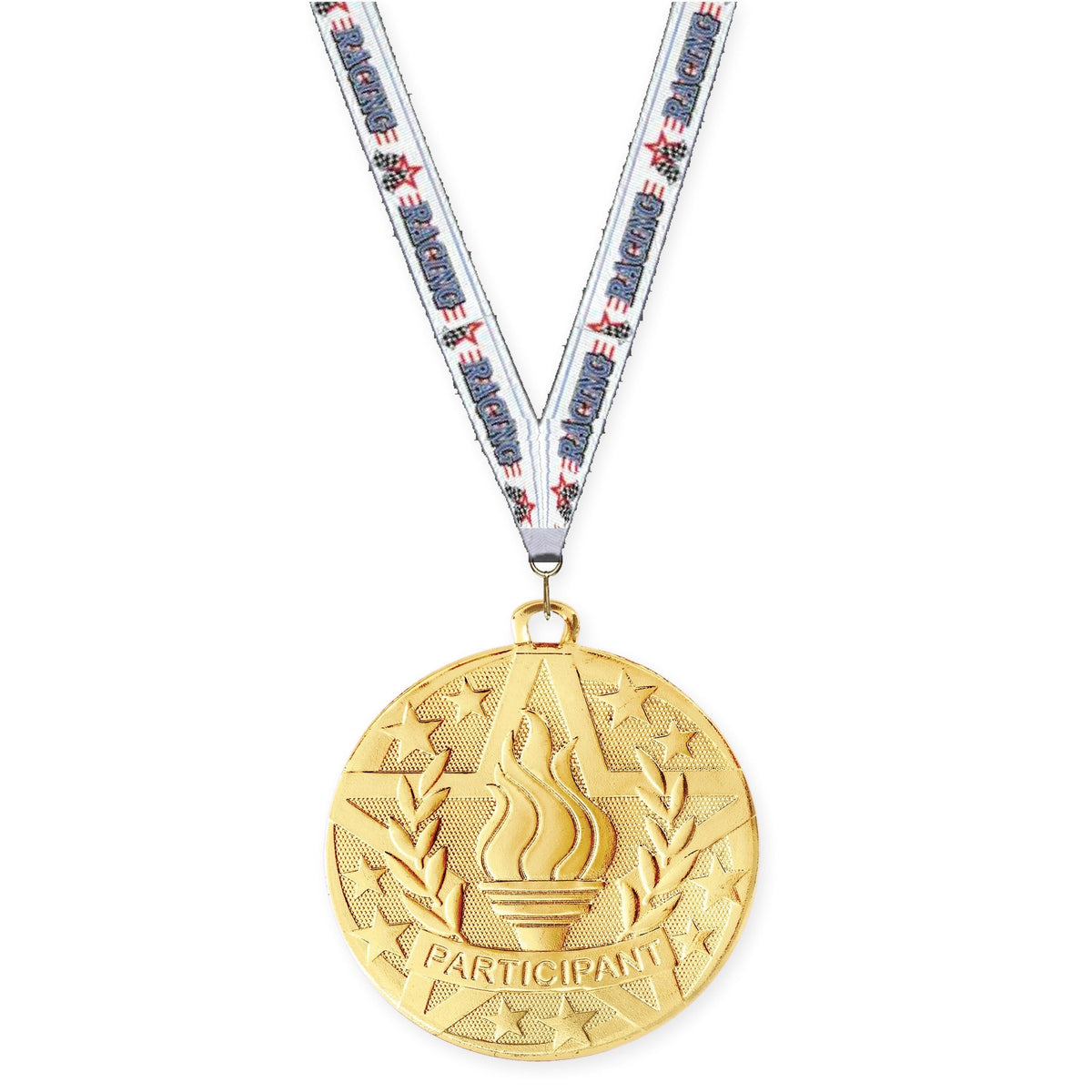 2 inch Participant Superstar medal in gold with Auto Racing neck ribbon