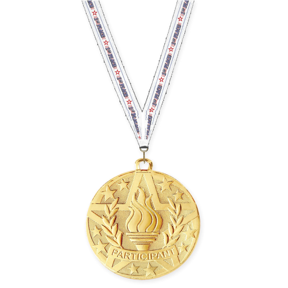 2 inch Participant Superstar medal in gold with 1st Place neck ribbon