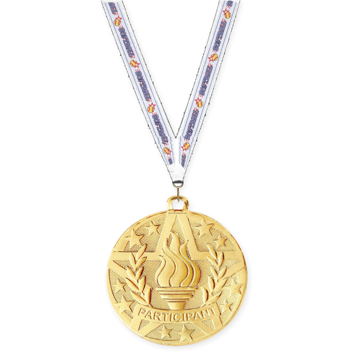 2 inch Participant Superstar medal in gold with Softball neck ribbon