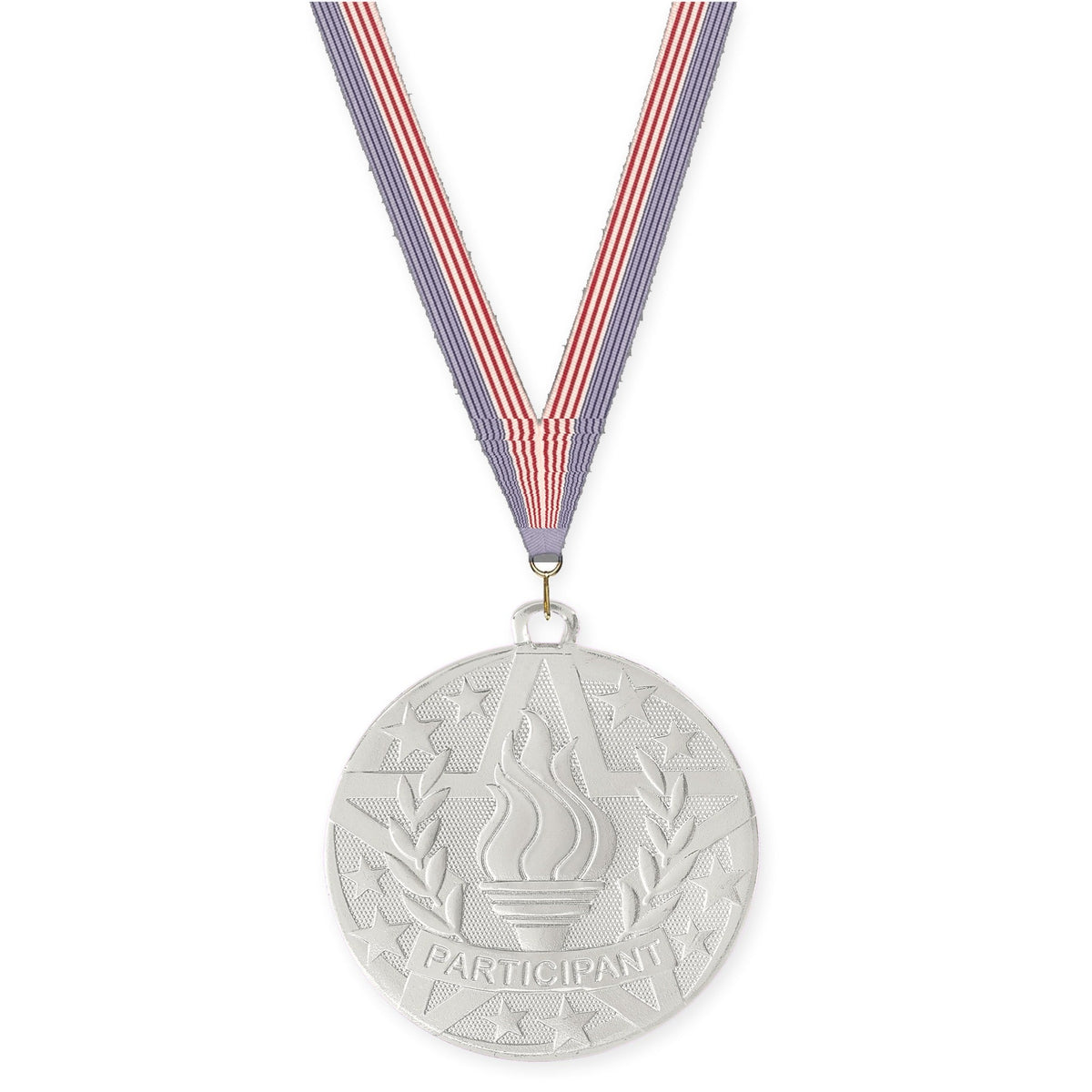 2 inch Participant Superstar medal in silver with USA Flag neck ribbon