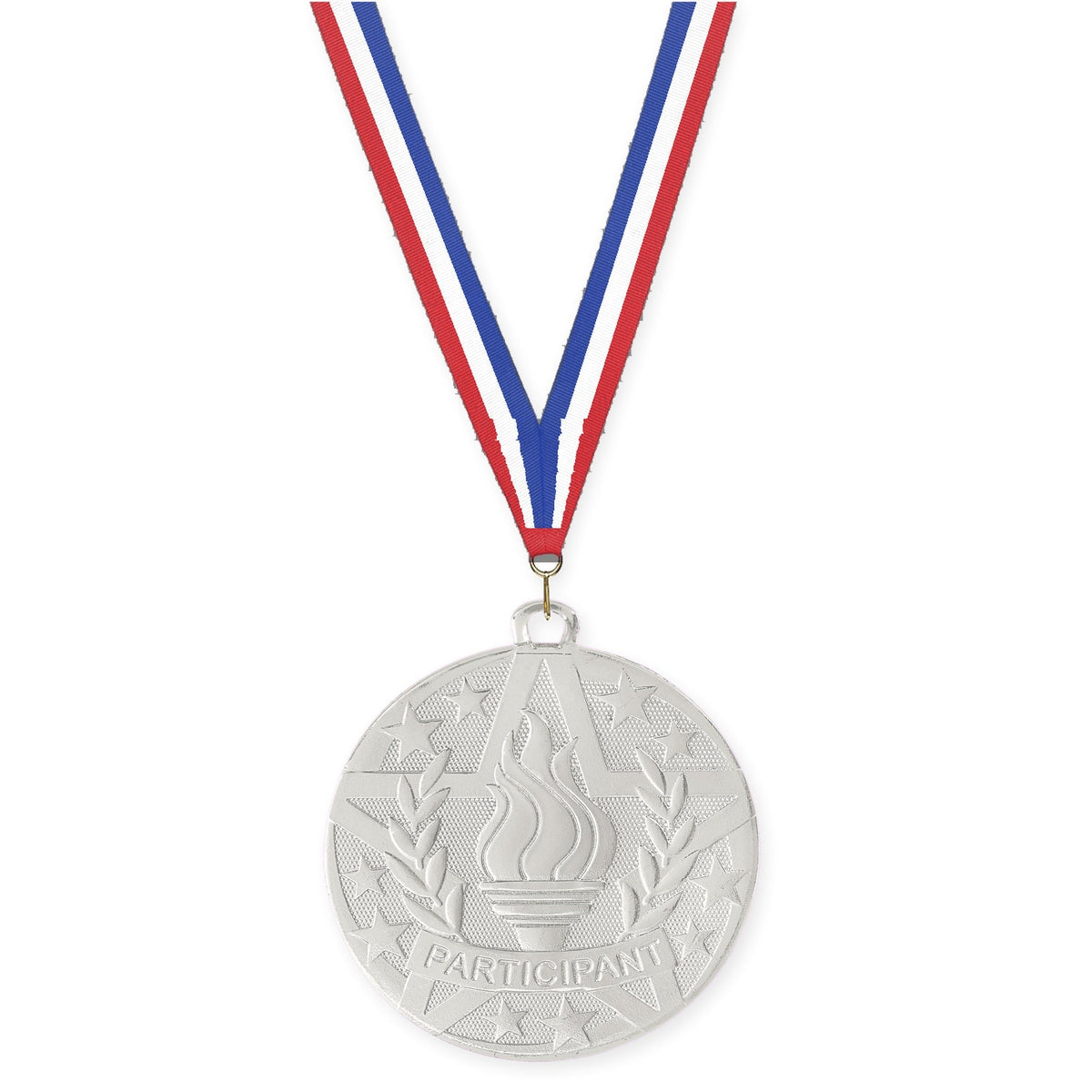 2 inch Participant Superstar medal in silver with Red White Blue neck ribbon