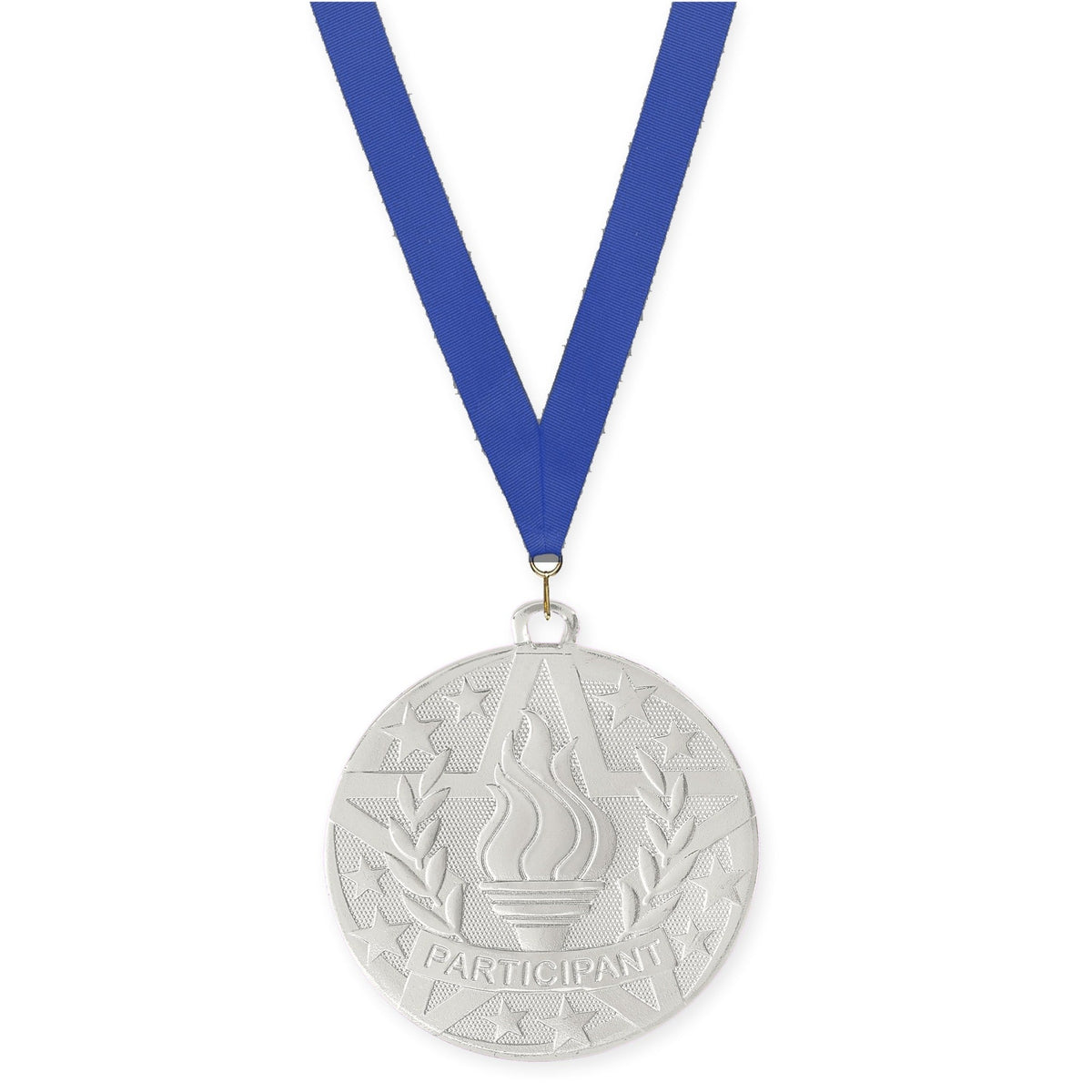 2 inch Participant Superstar medal in silver with Blue neck ribbon