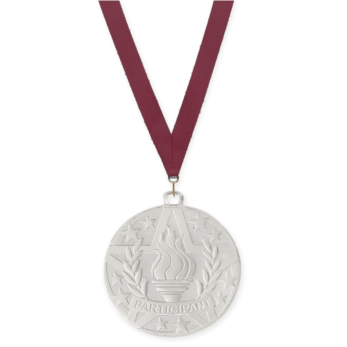 2 inch Participant Superstar medal in silver with Maroon neck ribbon