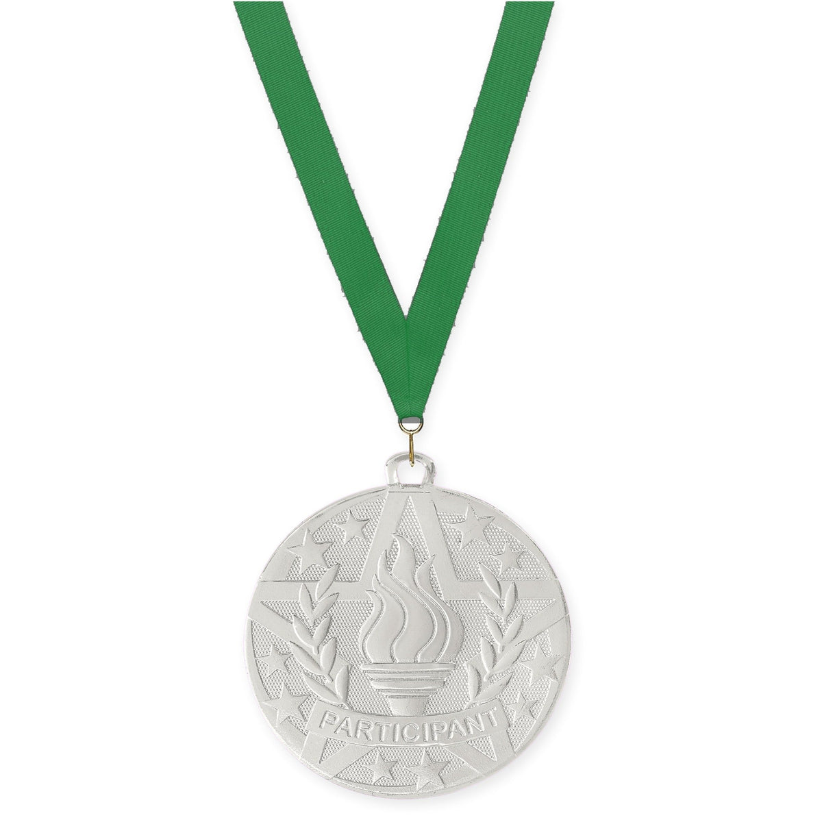 2 inch Participant Superstar medal in silver with Green neck ribbon