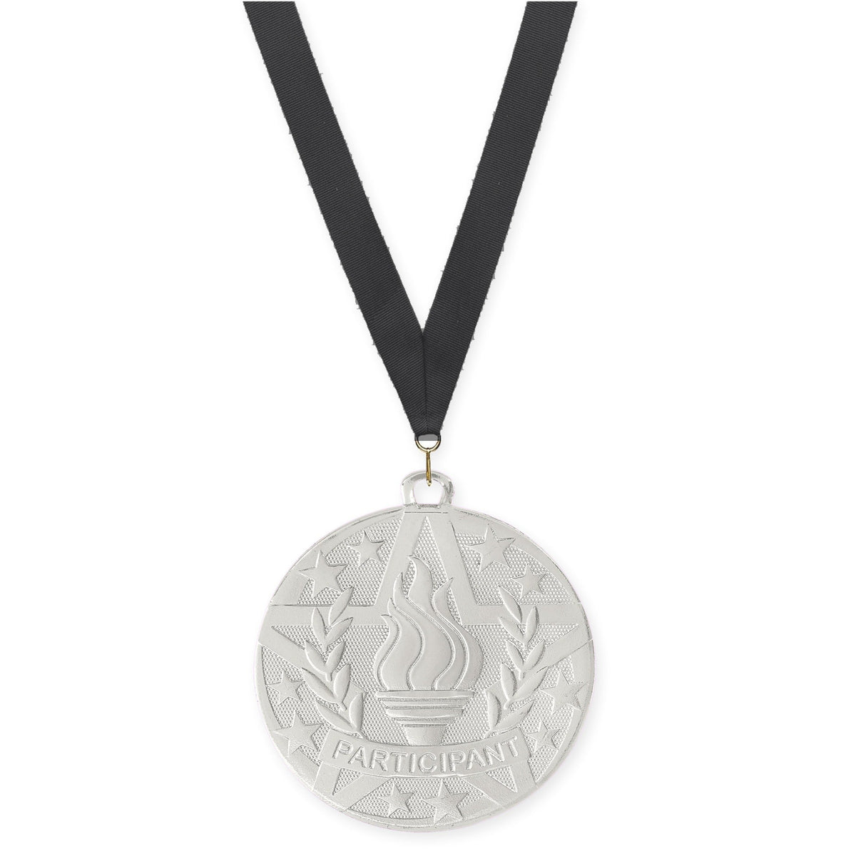 2 inch Participant Superstar medal in silver with Black neck ribbon