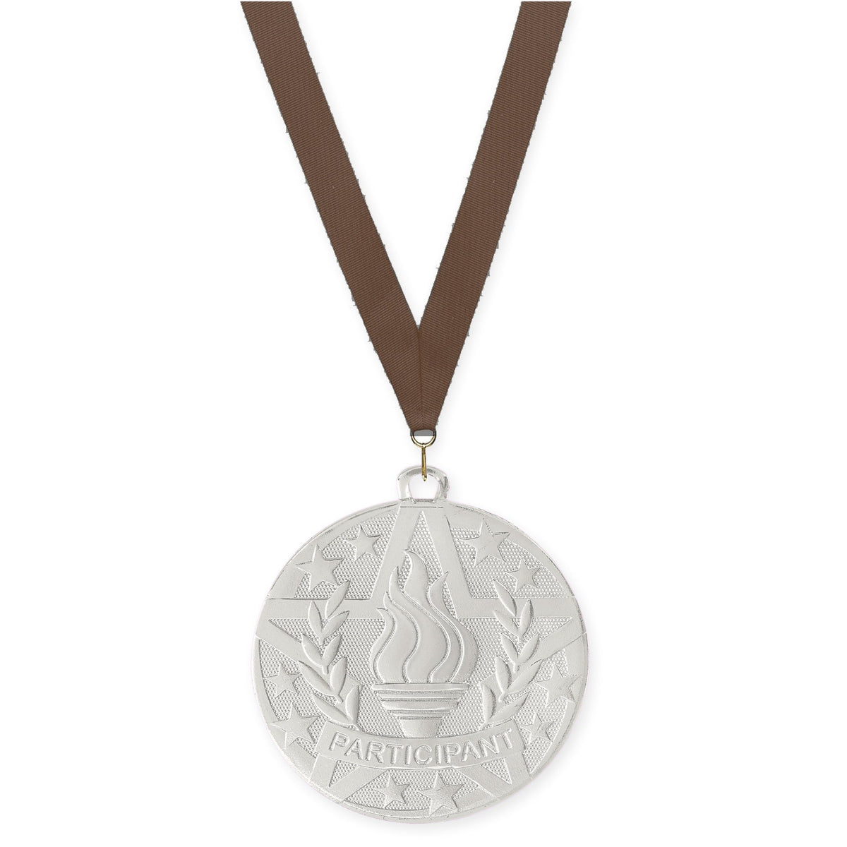 2 inch Participant Superstar medal in silver with Brown neck ribbon