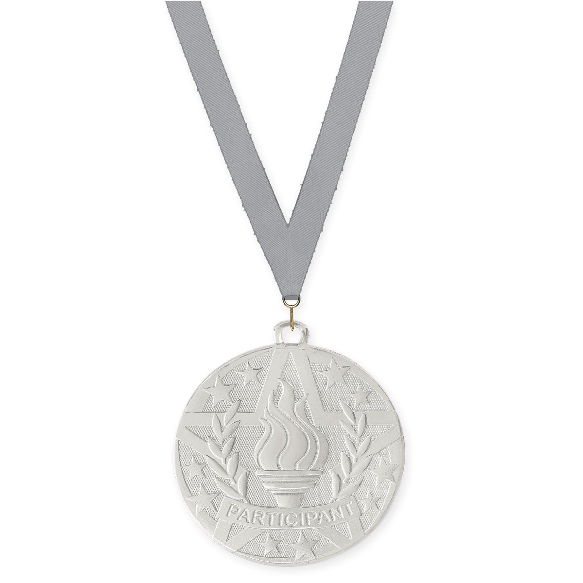 2 inch Participant Superstar medal in silver with Gray neck ribbon