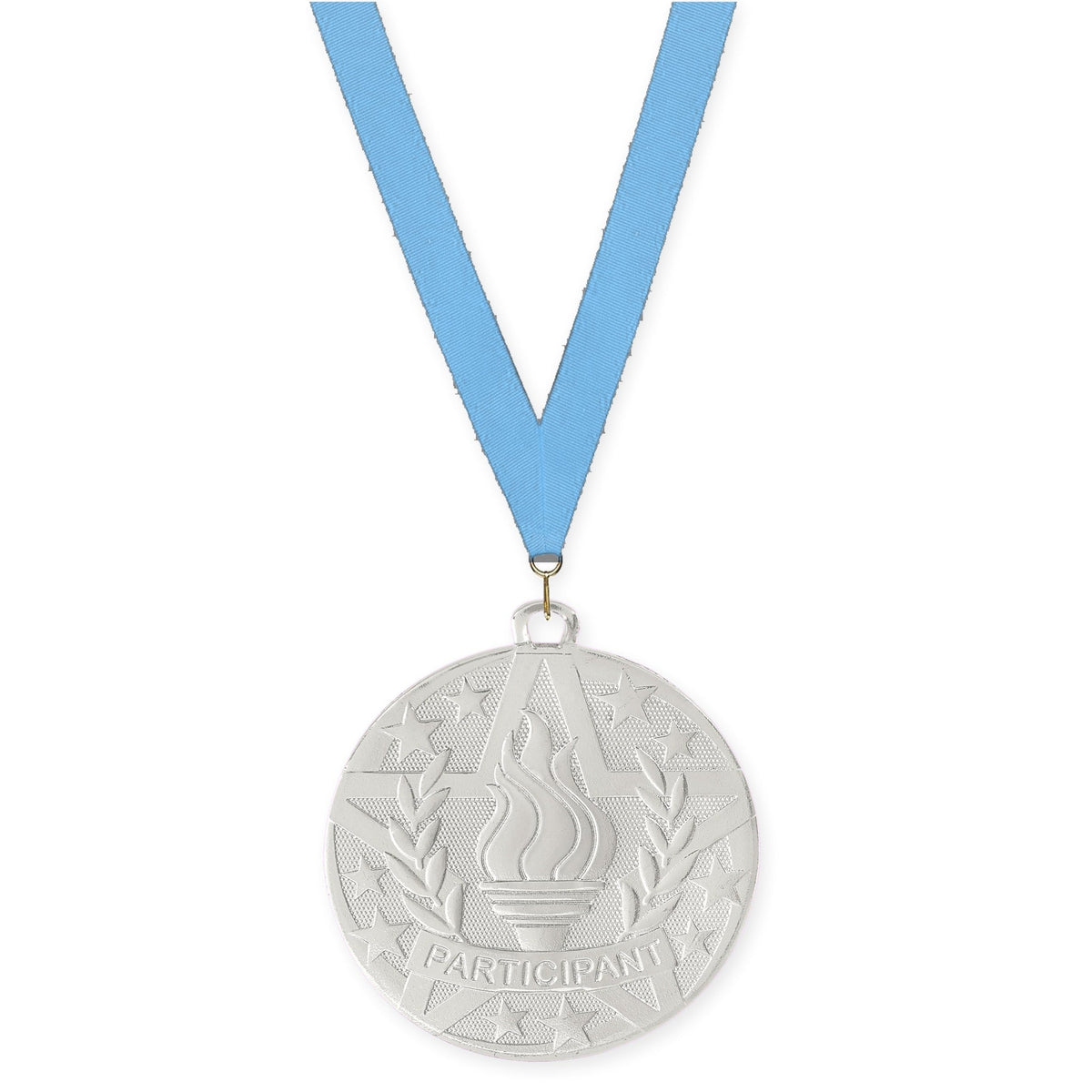 2 inch Participant Superstar medal in silver with Light Blue neck ribbon