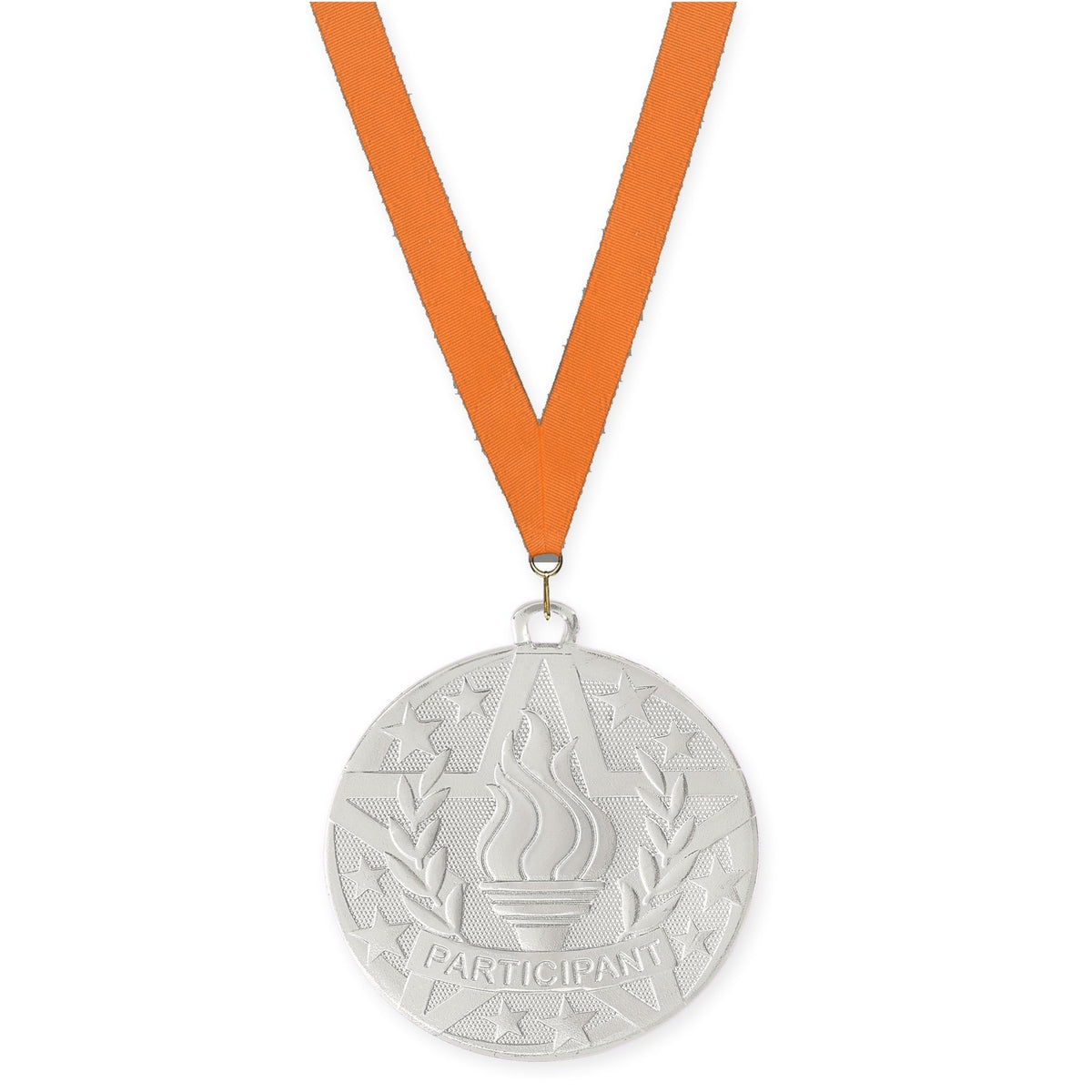 2 inch Participant Superstar medal in silver with Orange neck ribbon