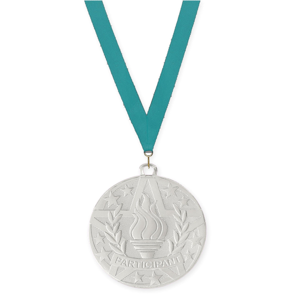 2 inch Participant Superstar medal in silver with Teal neck ribbon