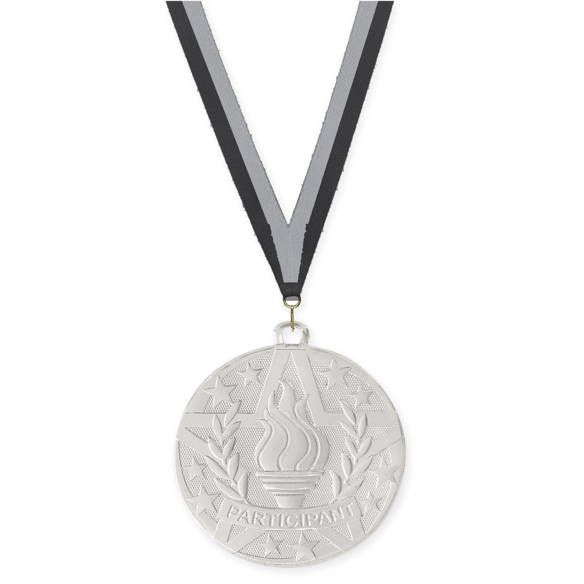 2 inch Participant Superstar medal in silver with Black Gray neck ribbon