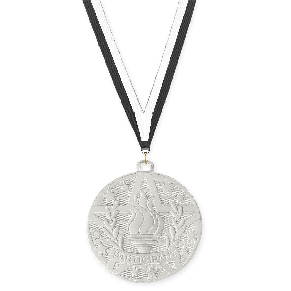 2 inch Participant Superstar medal in silver with Black White neck ribbon