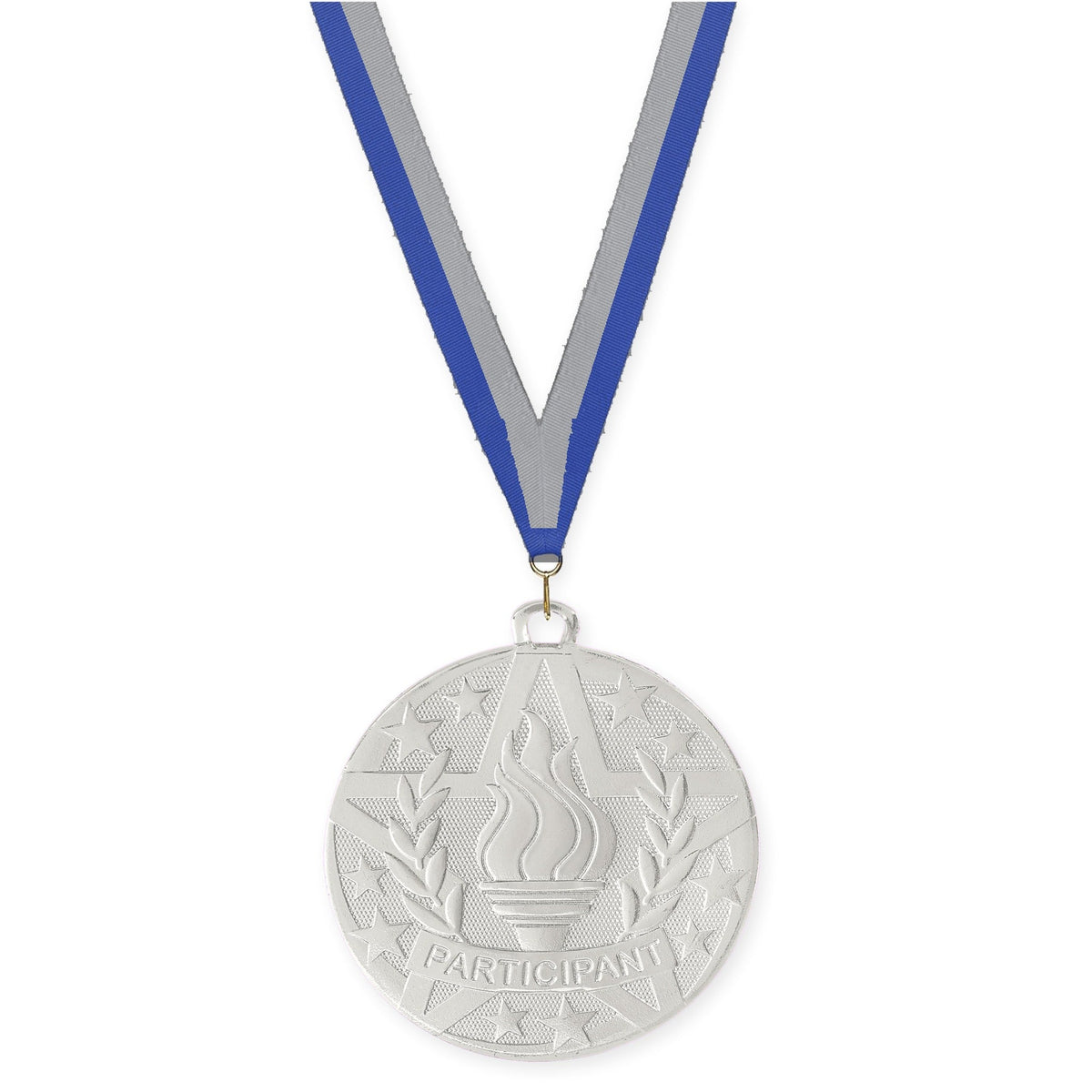 2 inch Participant Superstar medal in silver with Blue Gray neck ribbon