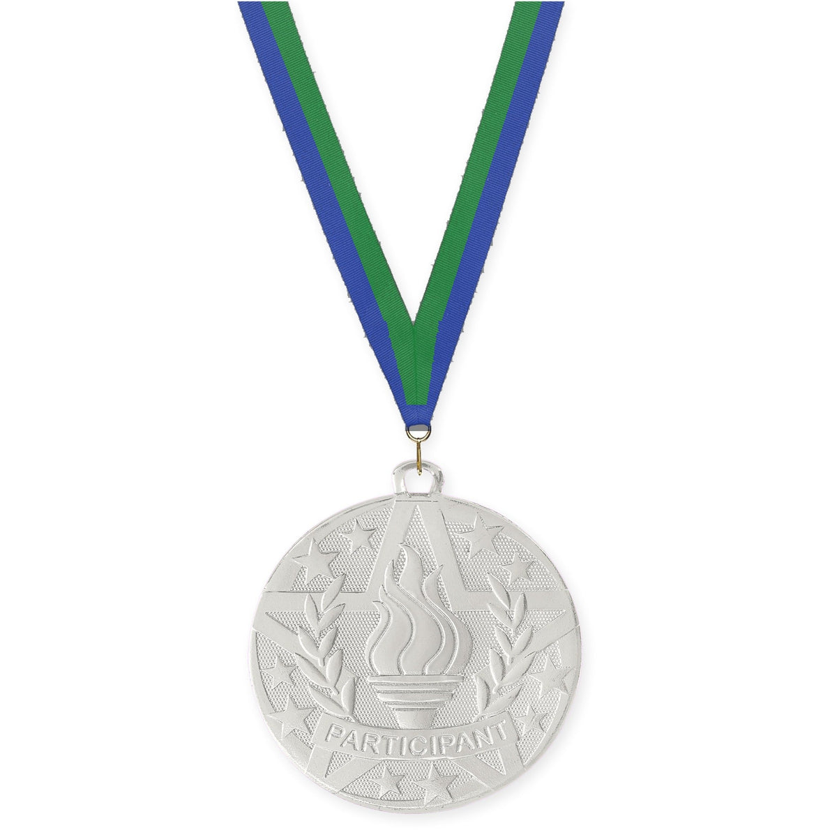 2 inch Participant Superstar medal in silver with Blue Green neck ribbon