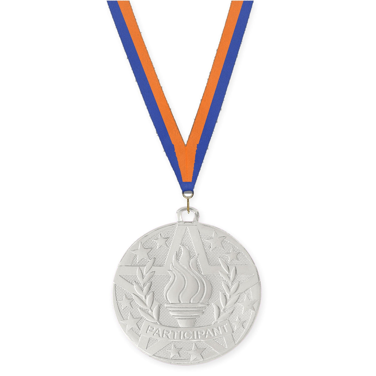 2 inch Participant Superstar medal in silver with Blue Orange neck ribbon