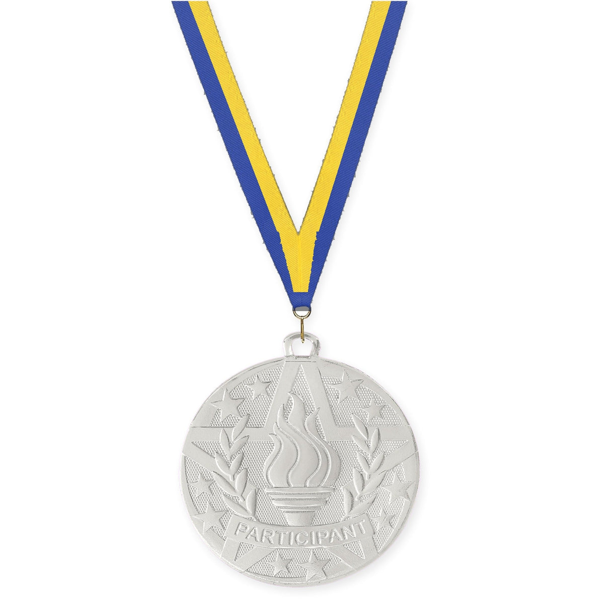 2 inch Participant Superstar medal in silver with Blue Yellow neck ribbon