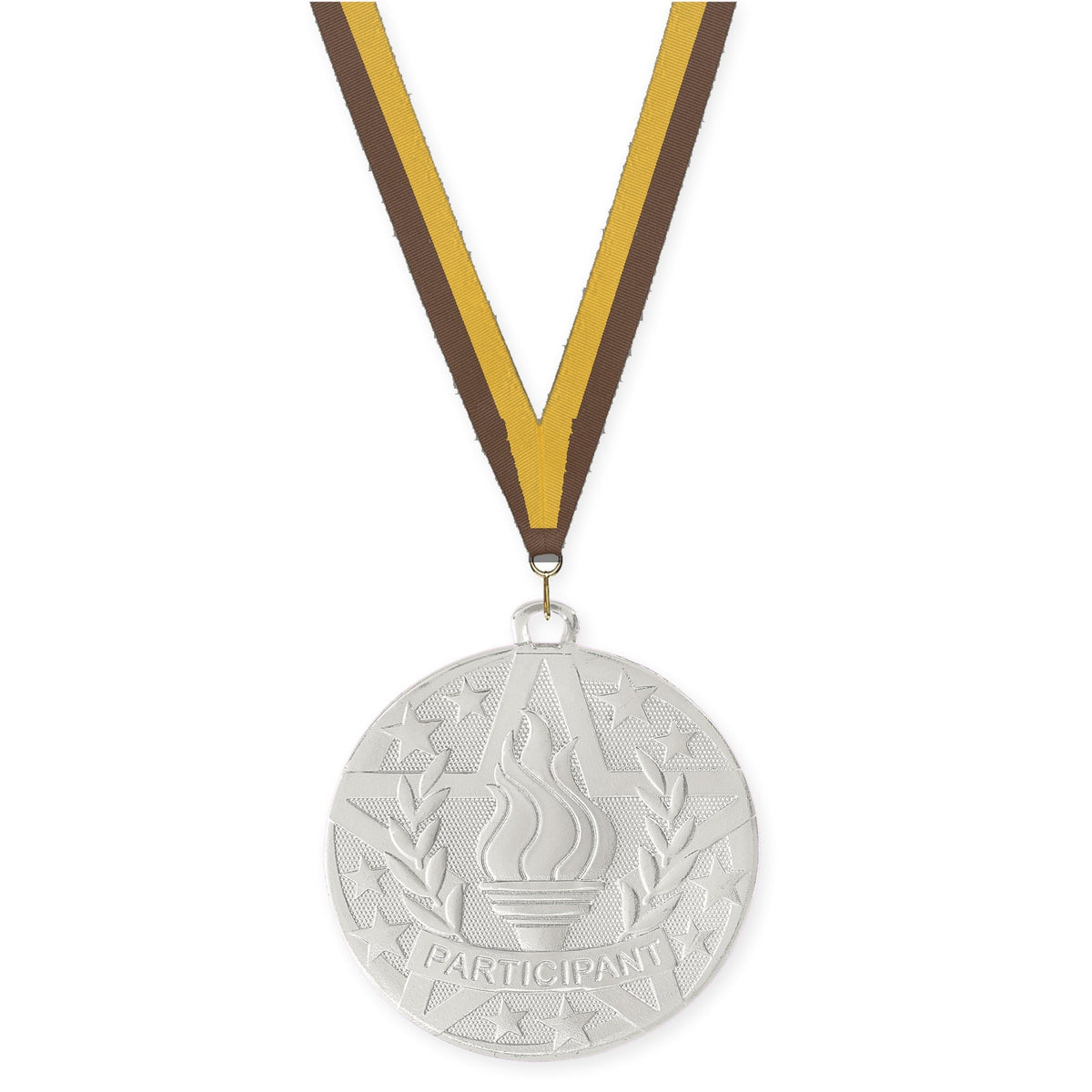 2 inch Participant Superstar medal in silver with Brown Gold neck ribbon