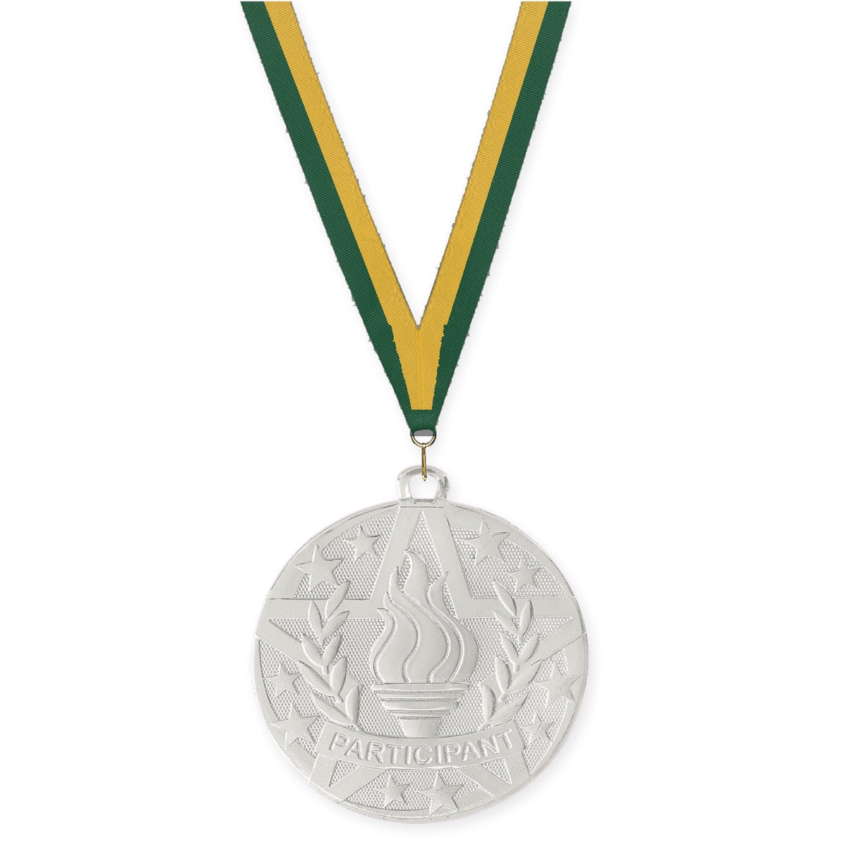 2 inch Participant Superstar medal in silver with Hunter Green Gold neck ribbon