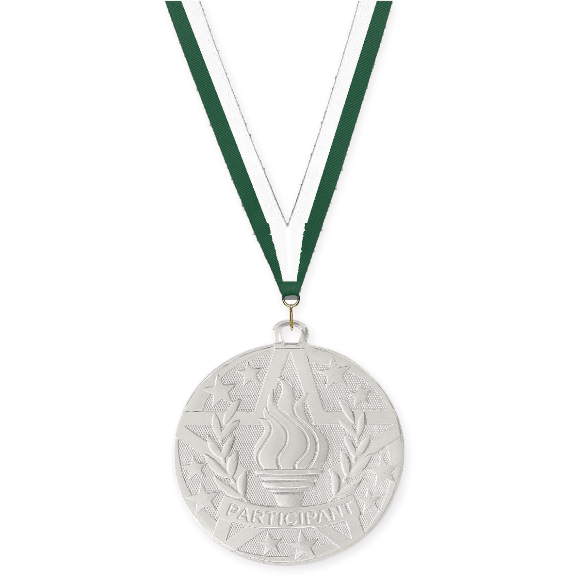 2 inch Participant Superstar medal in silver with Hunter Green White neck ribbon