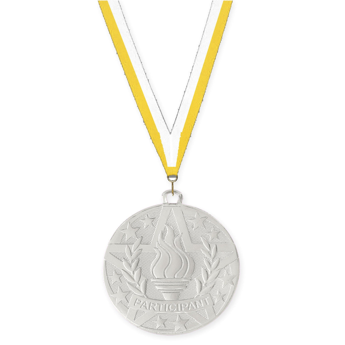 2 inch Participant Superstar medal in silver with Yellow White neck ribbon