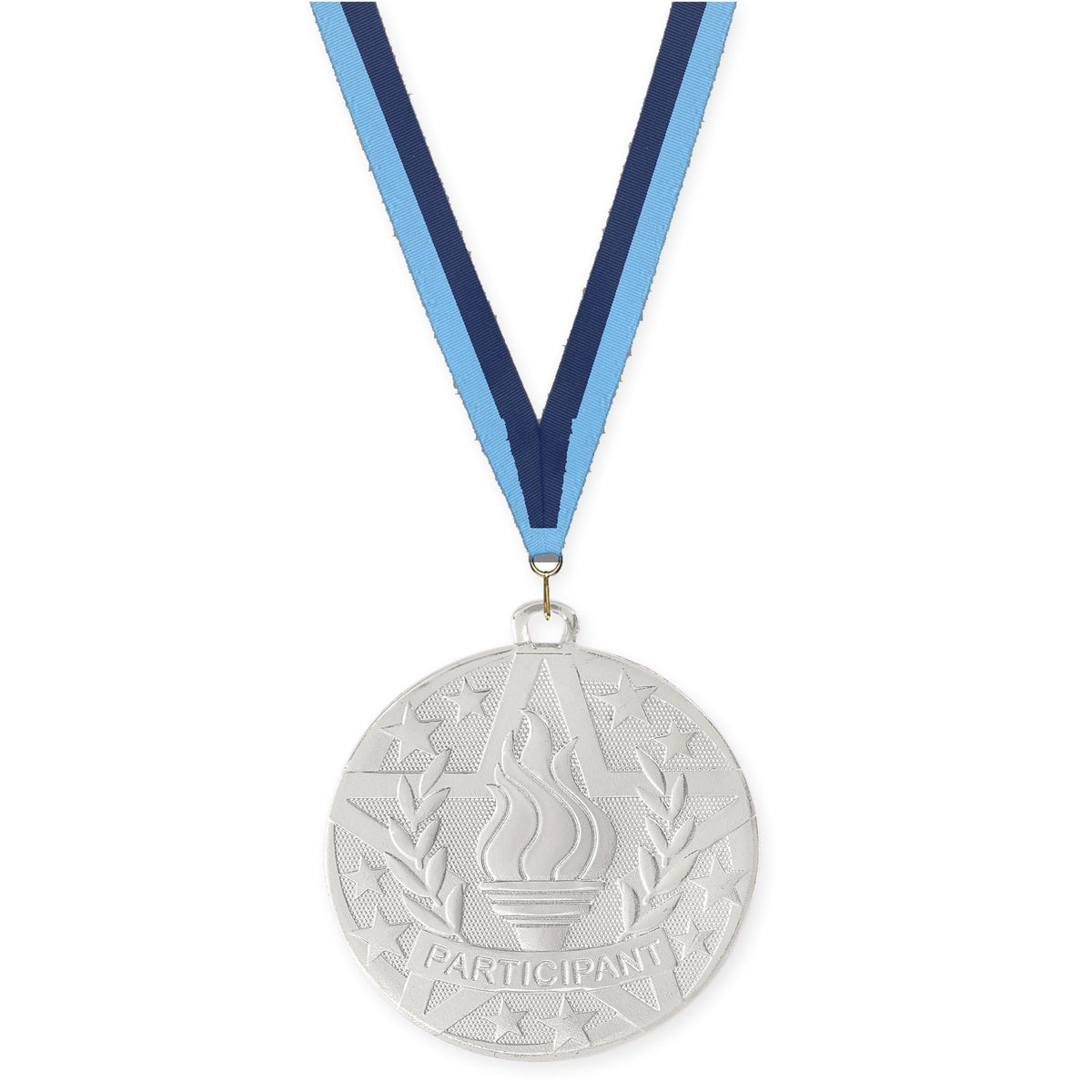 2 inch Participant Superstar medal in silver with Light Blue Navy neck ribbon